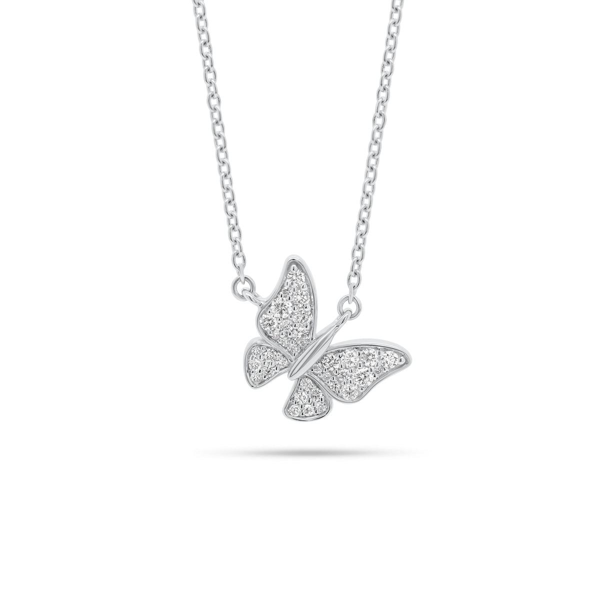 Pave Diamond Fluttery Butterfly Pendant Necklace - 14K gold weighing 5.10 grams - 34 round diamonds weighing 0.37 carats