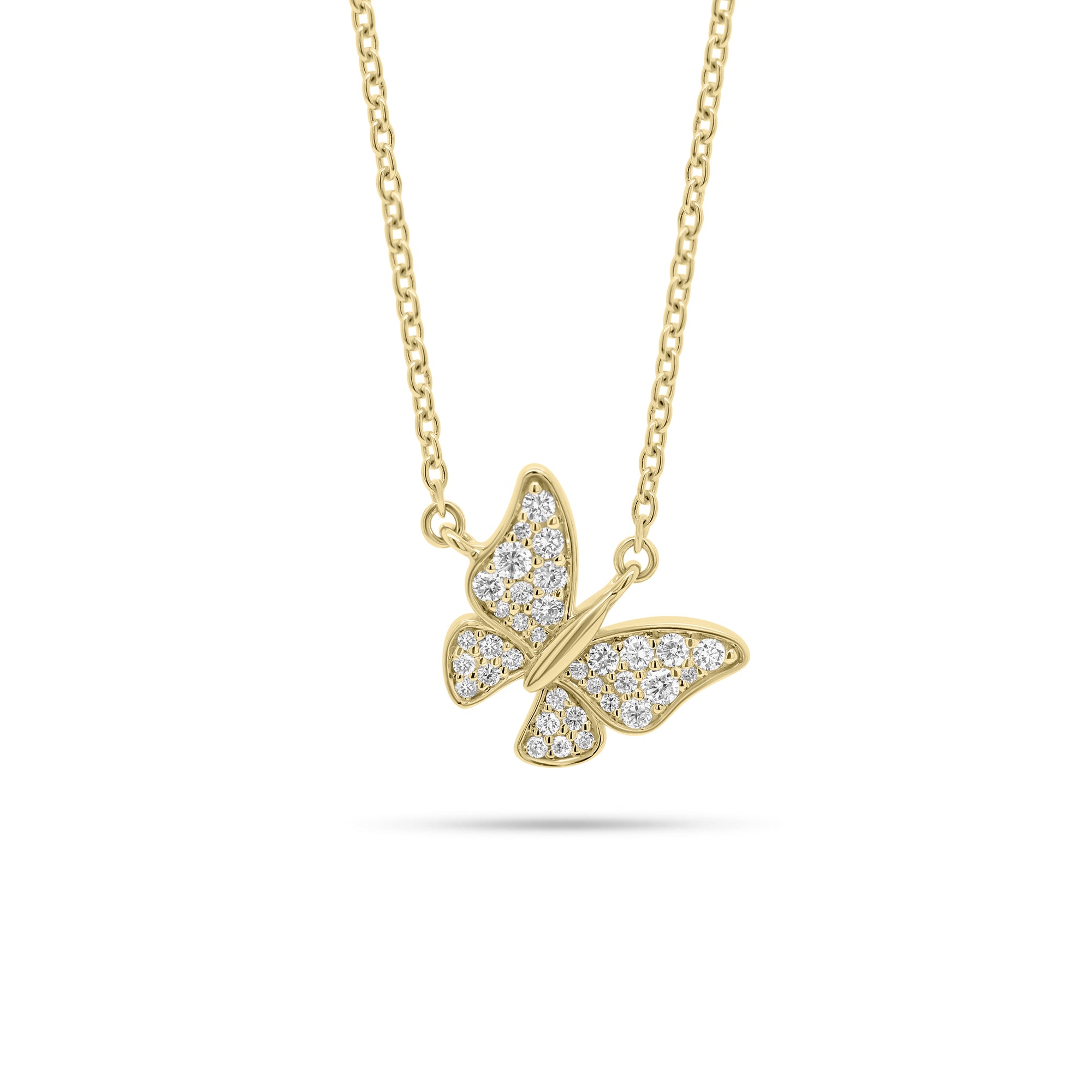 Pave Diamond Fluttery Butterfly Pendant Necklace - 14K gold weighing 5.10 grams  - 34 round diamonds weighing 0.37 carats