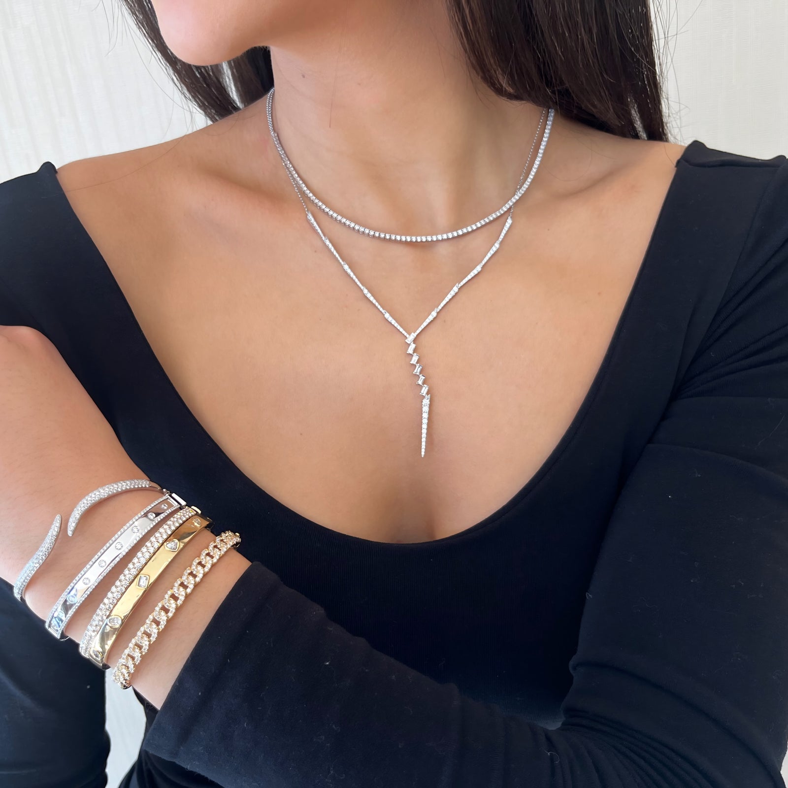 Diamond Icicle Necklace- 18K gold weighing 8.24 grams - 93 round diamonds weighing 1.19 carats - 6 straight baguettes weighing 0.59 carats