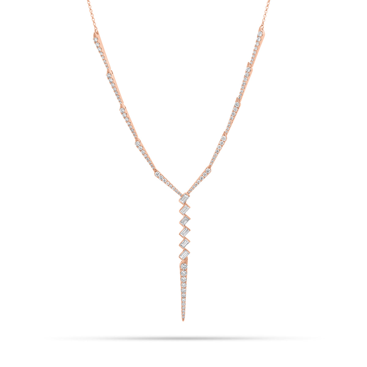 Diamond Icicle Necklace- 18K gold weighing 8.24 grams - 93 round diamonds weighing 1.19 carats - 6 straight baguettes weighing 0.59 carats