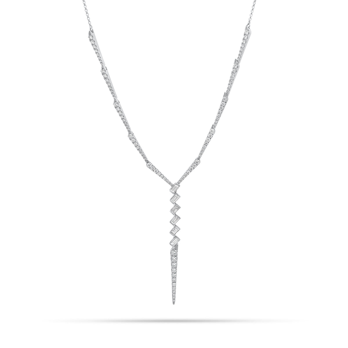 Diamond Icicle Necklace- 18K gold weighing 8.24 grams - 93 round diamonds weighing 1.19 carats - 6 straight baguettes weighing 0.59 carats