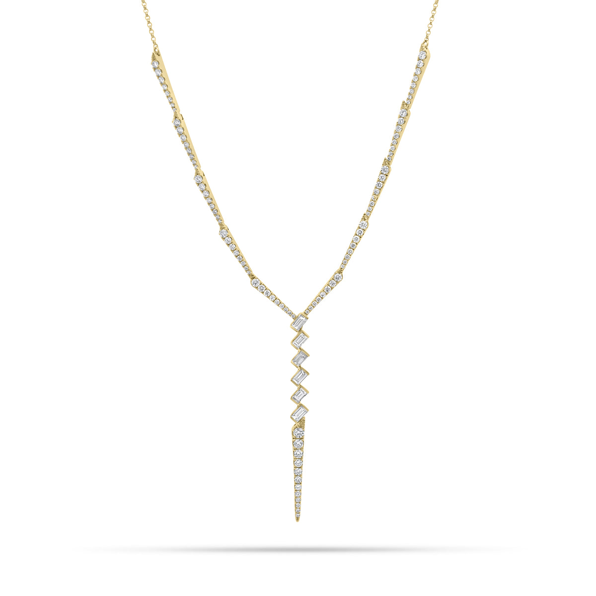 Diamond Icicle Necklace- 18K gold weighing 8.24 grams - 93 round diamonds weighing 1.19 carats - 6 straight baguettes weighing 0.59 carats