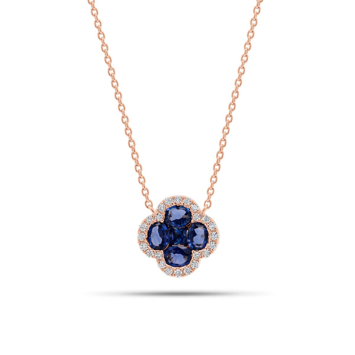 Sapphire & Diamond Clover Pendant Necklace - 14K gold weighing 2.70 grams - 5 sapphires weighing 1.14 carats - 24 round diamonds weighing 0.16 carats
