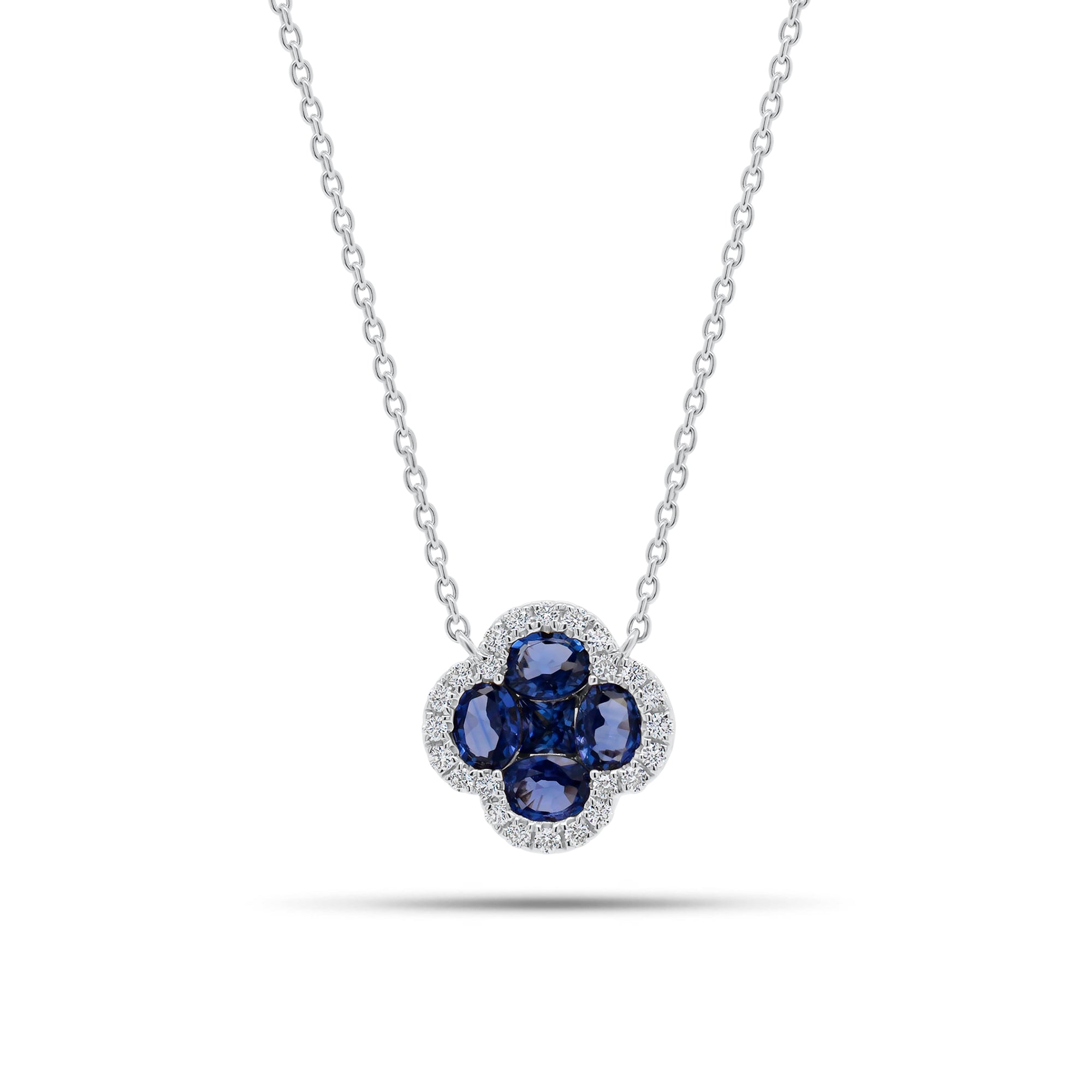 Sapphire & Diamond Clover Pendant Necklace - 14K gold weighing 2.70 grams  - 5 sapphires weighing 1.14 carats  - 24 round diamonds weighing 0.16 carats