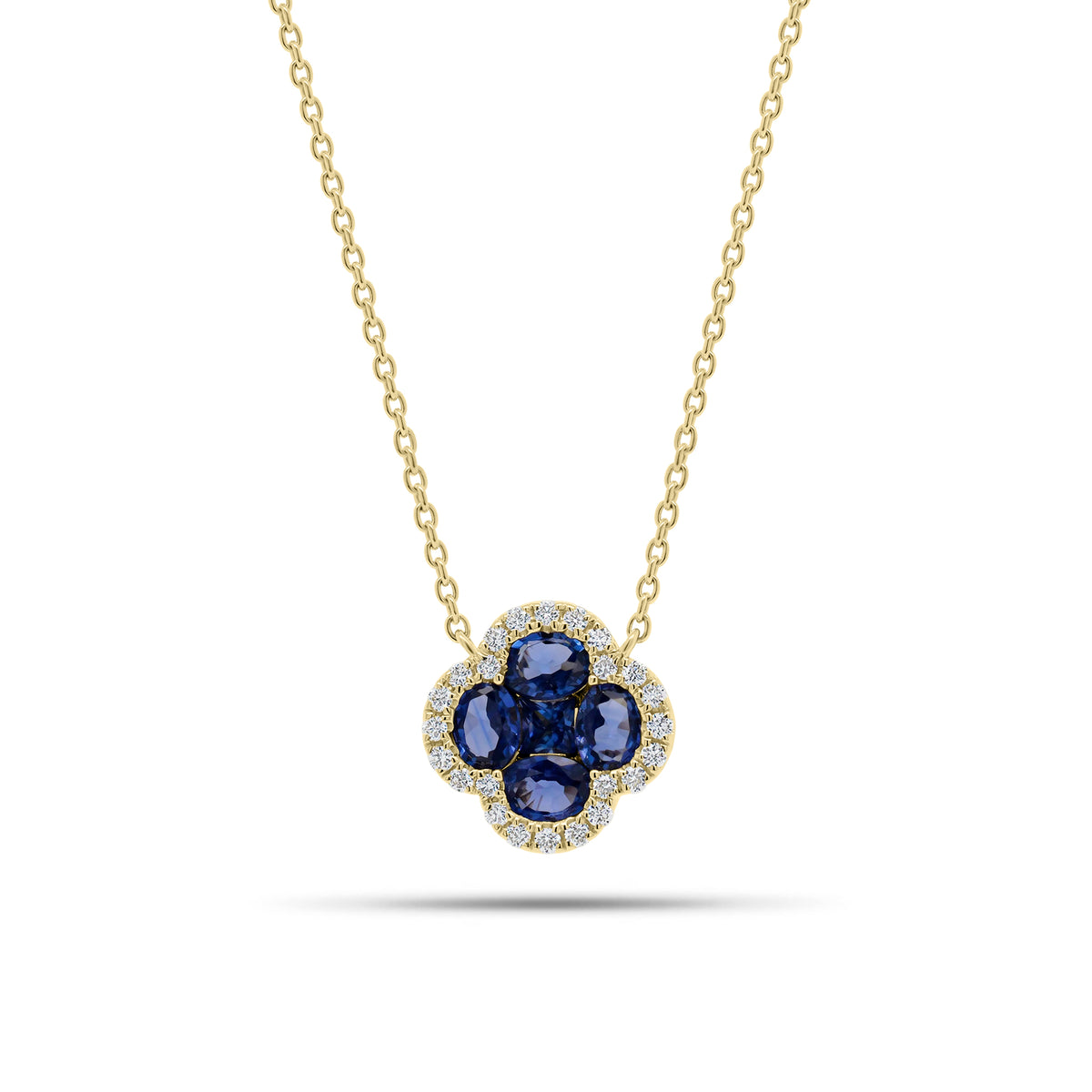 Sapphire & Diamond Clover Pendant Necklace - 14K gold weighing 2.70 grams - 5 sapphires weighing 1.14 carats - 24 round diamonds weighing 0.16 carats