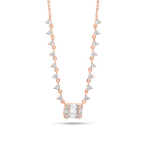 Emerald-Cut Diamond Illusion Pendant on Diamond Chain - 14K gold weighing 3.0 grams - 24 round diamonds weighing 0.48 carats - 6 straight baguettes weighing 0.20 carats