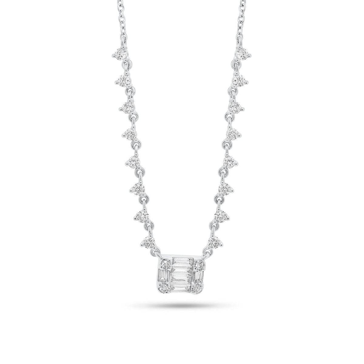 Emerald-Cut Diamond Illusion Pendant on Diamond Chain - 14K gold weighing 3.0 grams  - 24 round diamonds weighing 0.48 carats  - 6 straight baguettes weighing 0.20 carats