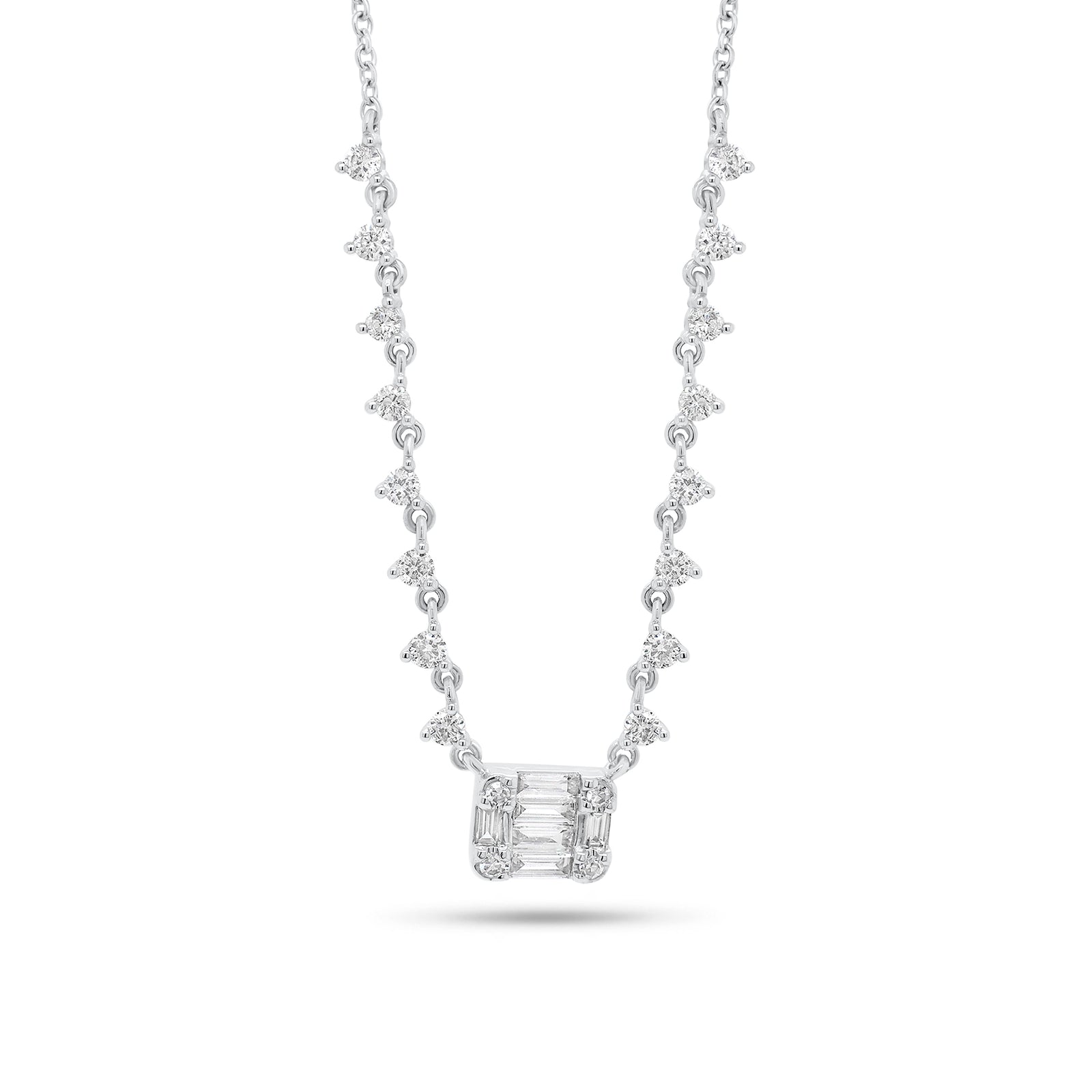 Emerald-Cut Diamond Illusion Pendant on Diamond Chain - 14K gold weighing 3.0 grams  - 24 round diamonds weighing 0.48 carats  - 6 straight baguettes weighing 0.20 carats