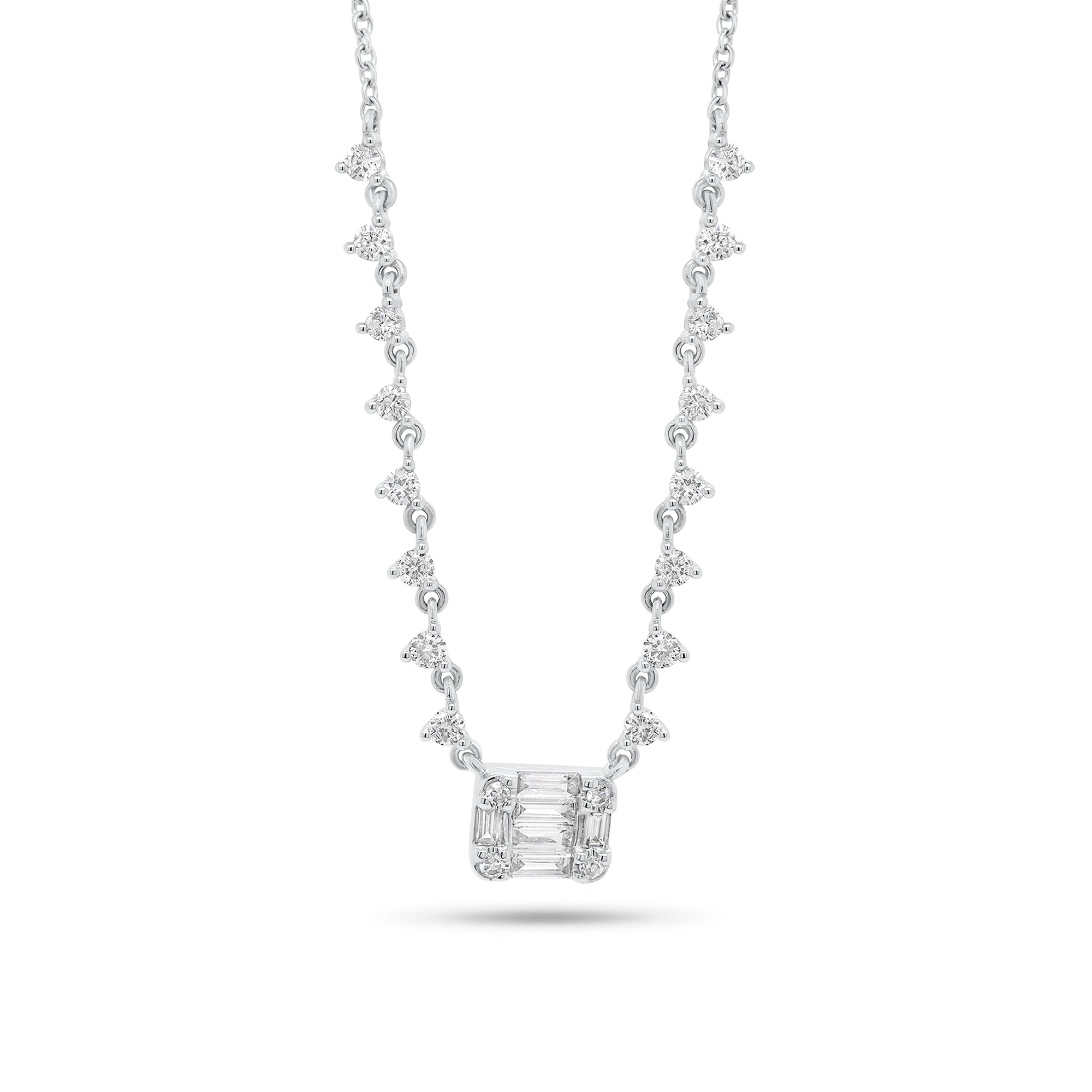 Emerald-Cut Diamond Illusion Pendant on Diamond Chain - 14K gold weighing 3.0 grams  - 24 round diamonds weighing 0.48 carats  - 6 straight baguettes weighing 0.20 carats
