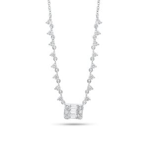 Emerald-Cut Diamond Illusion Pendant on Diamond Chain - 14K gold weighing 3.0 grams  - 24 round diamonds weighing 0.48 carats  - 6 straight baguettes weighing 0.20 carats