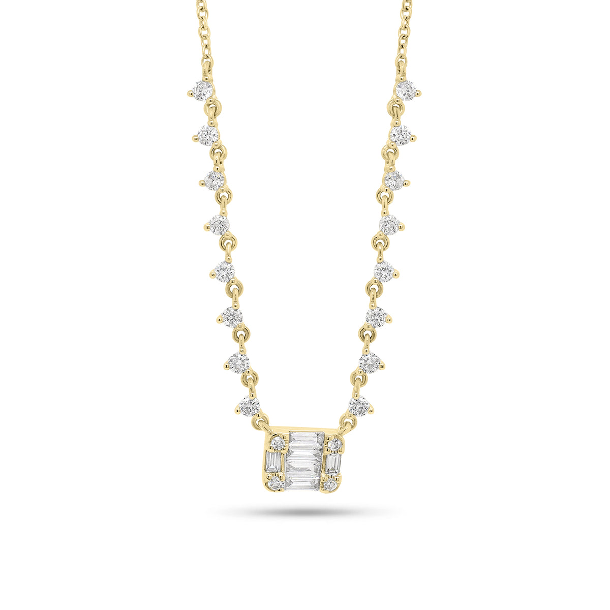 Emerald-Cut Diamond Illusion Pendant on Diamond Chain - 14K gold weighing 3.0 grams - 24 round diamonds weighing 0.48 carats - 6 straight baguettes weighing 0.20 carats