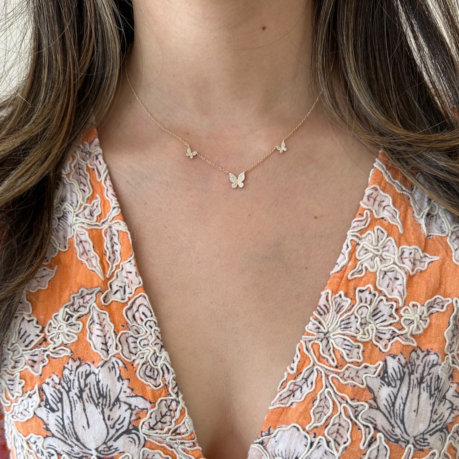 Pave Diamond Butterfly Trio Necklace - 14K gold weighing 2.0 grams  - 98 round diamonds weighing 0.23 carats