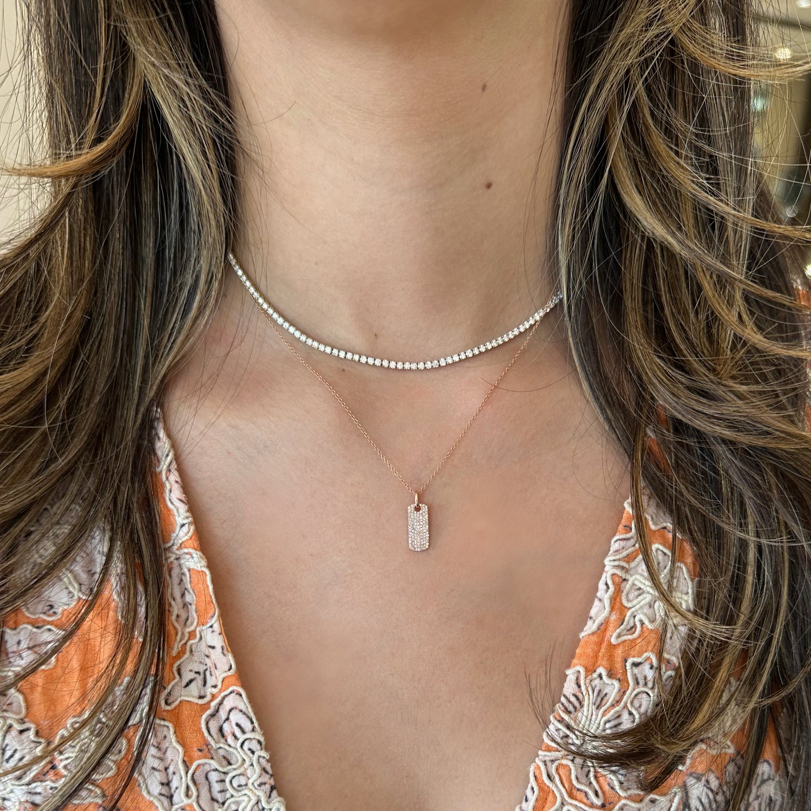 Diamond Dog Tag Necklace with Diamond Bail  - 14K gold weighing 2.18 grams  - 112 round diamonds totaling 0.23 carats