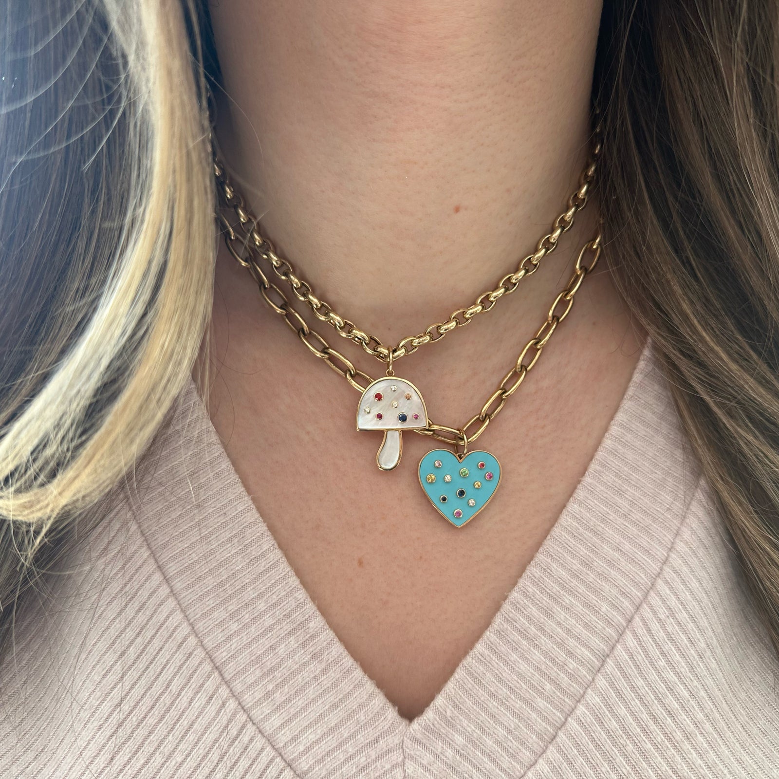 Mother of Pearl & Multicolor Gemstone Mushroom Pendant - 14K gold weighing 3.78 grams - 5 multicolor gemstones weighing 0.16 carats  - 3 round diamonds weighing 0.03 carats - 2 Mother of Pearl slices