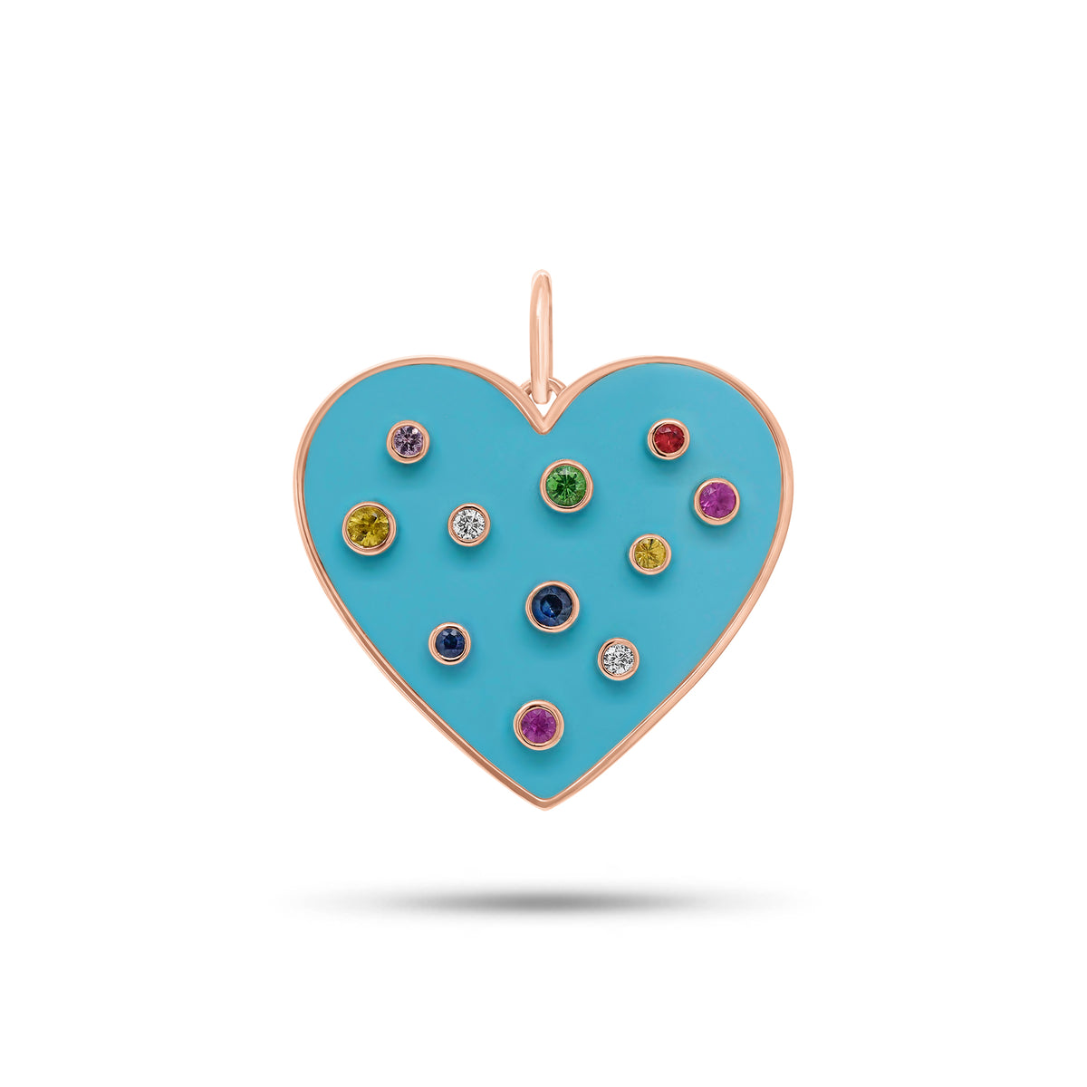 Diamond & Multicolor Gemstone Turquoise Heart Pendant - 14K gold weighing 4.63 grams - 9 multicolor gemstones weighing 0.36 carats - 2 round diamonds weighing 0.05 carats