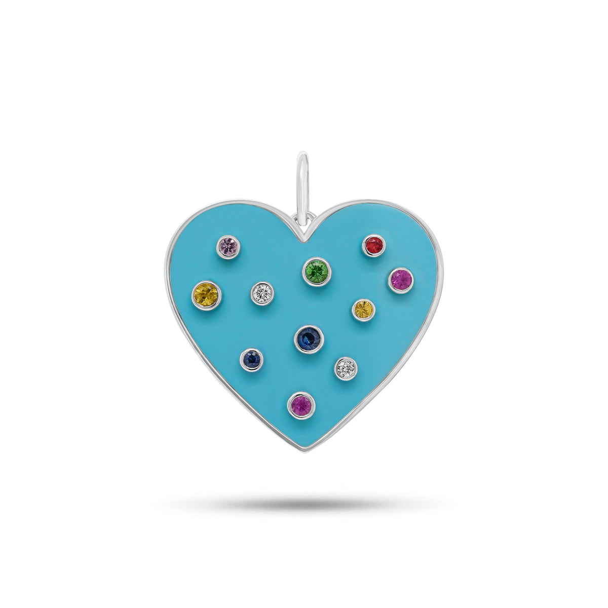Diamond & Multicolor Gemstone Turquoise Heart Pendant - 14K gold weighing 4.63 grams - 9 multicolor gemstones weighing 0.36 carats - 2 round diamonds weighing 0.05 carats
