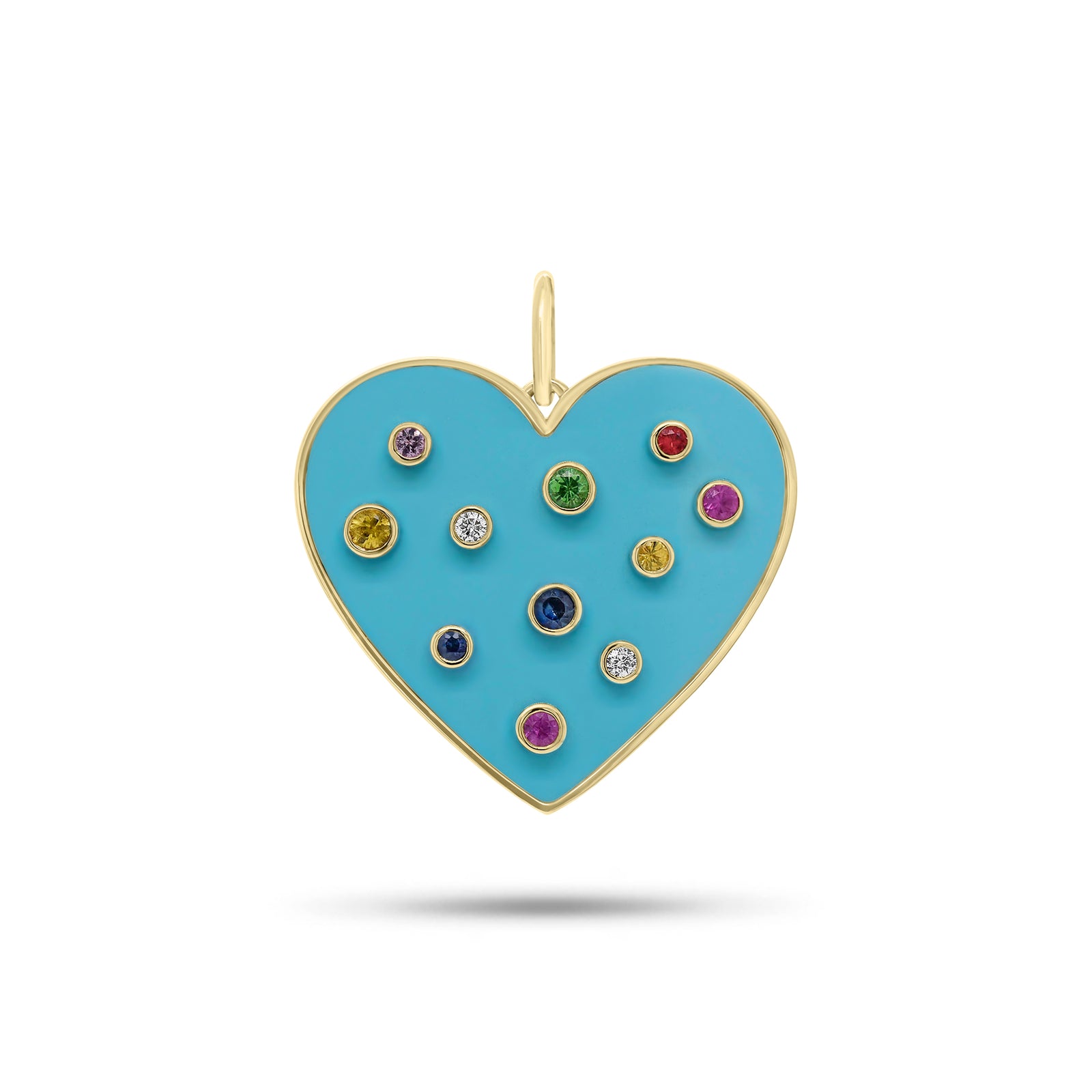Diamond & Multicolor Gemstone Turquoise Heart Pendant - 14K gold weighing 4.63 grams - 9 multicolor gemstones weighing 0.36 carats - 2 round diamonds weighing 0.05
carats