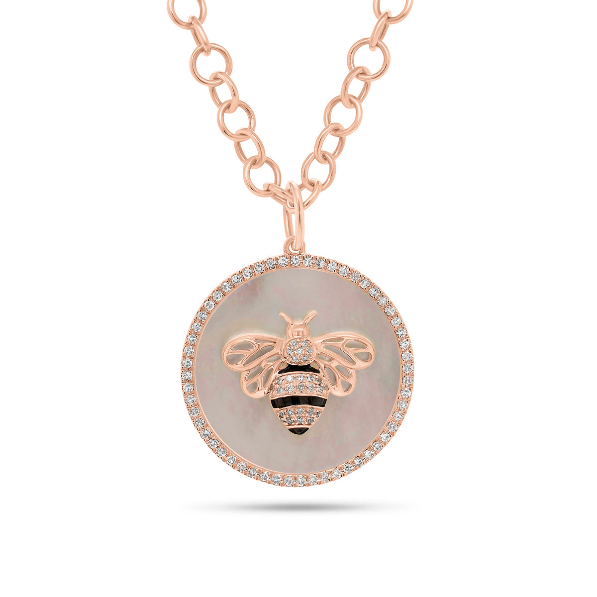 Diamond & Mother of Pearl Bee Circle Pendant - 14K gold weighing 3.70 grams - 85 round diamonds weighing 0.29 carats - Mother of Pearl slice weighing 7.56 carats