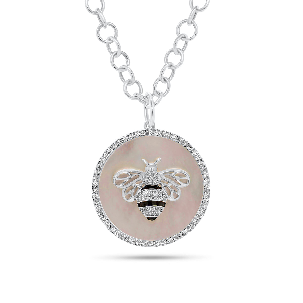 Diamond & Mother of Pearl Bee Circle Pendant - 14K gold weighing 3.70 grams - 85 round diamonds weighing 0.29 carats - Mother of Pearl slice weighing 7.56 carats