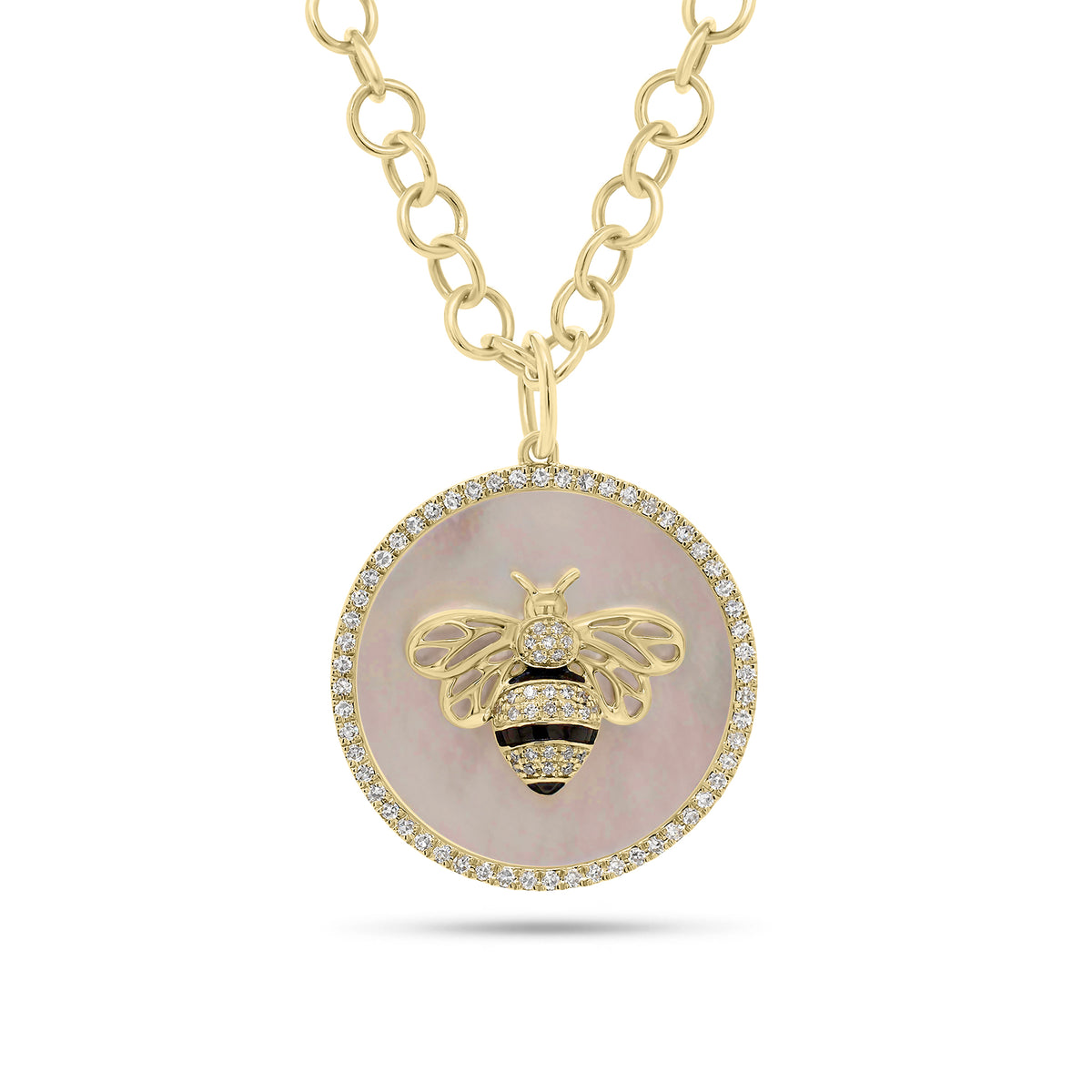 Diamond & Mother of Pearl Bee Circle Pendant - 14K gold weighing 3.70 grams  - 85 round diamonds weighing 0.29 carats  - Mother of Pearl slice weighing 7.56 carats
