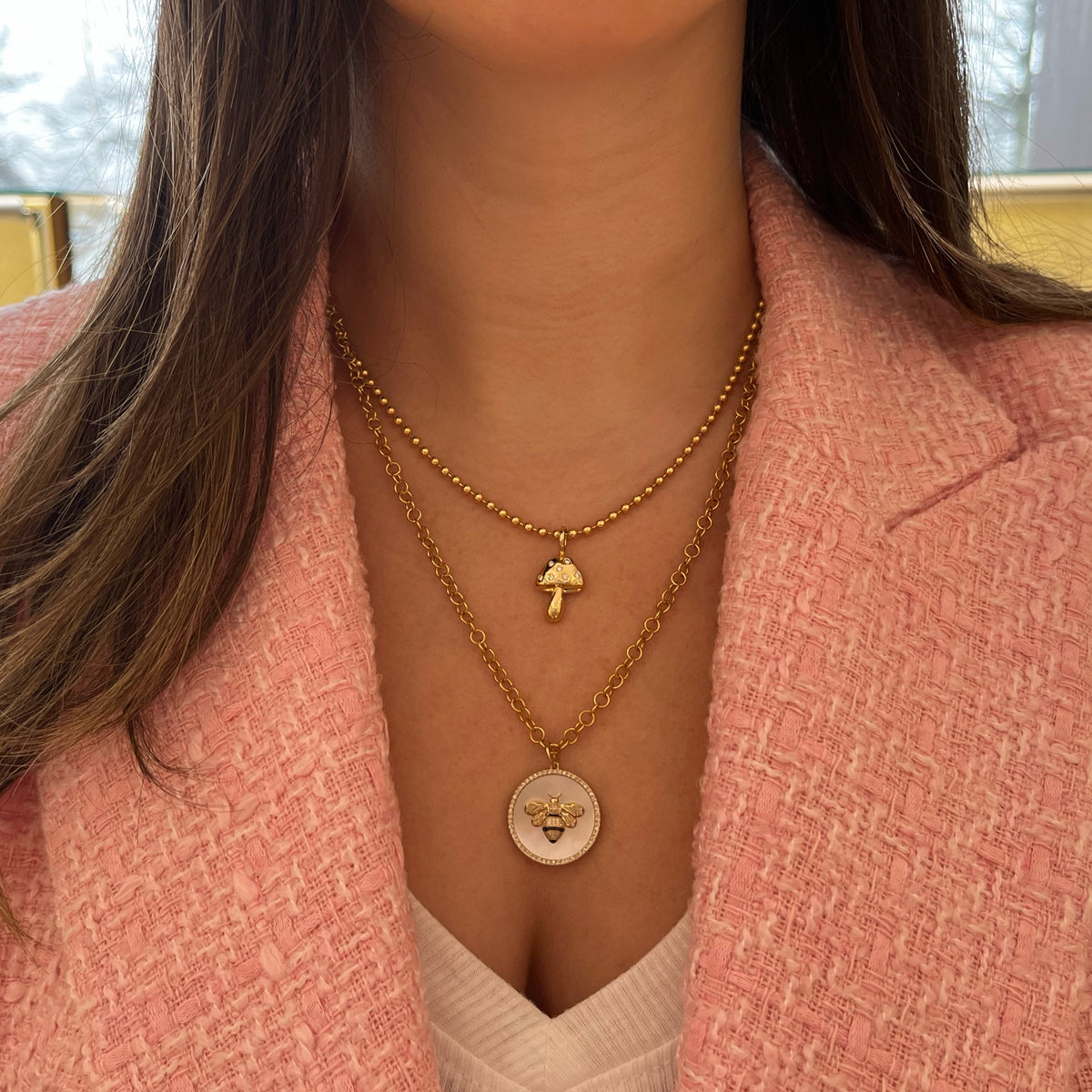 Female Model Wearing Diamond Mushroom Pendant - 14K gold weighing 2.45 grams - 7 round diamonds weighing 0.15 carats