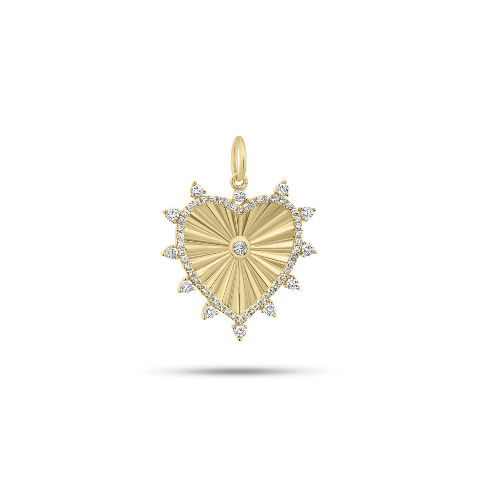 Fluted Gold Heart Pendant with Diamonds - 14K gold weighing 2.57 grams - 63 round diamonds weighing 0.33 carats