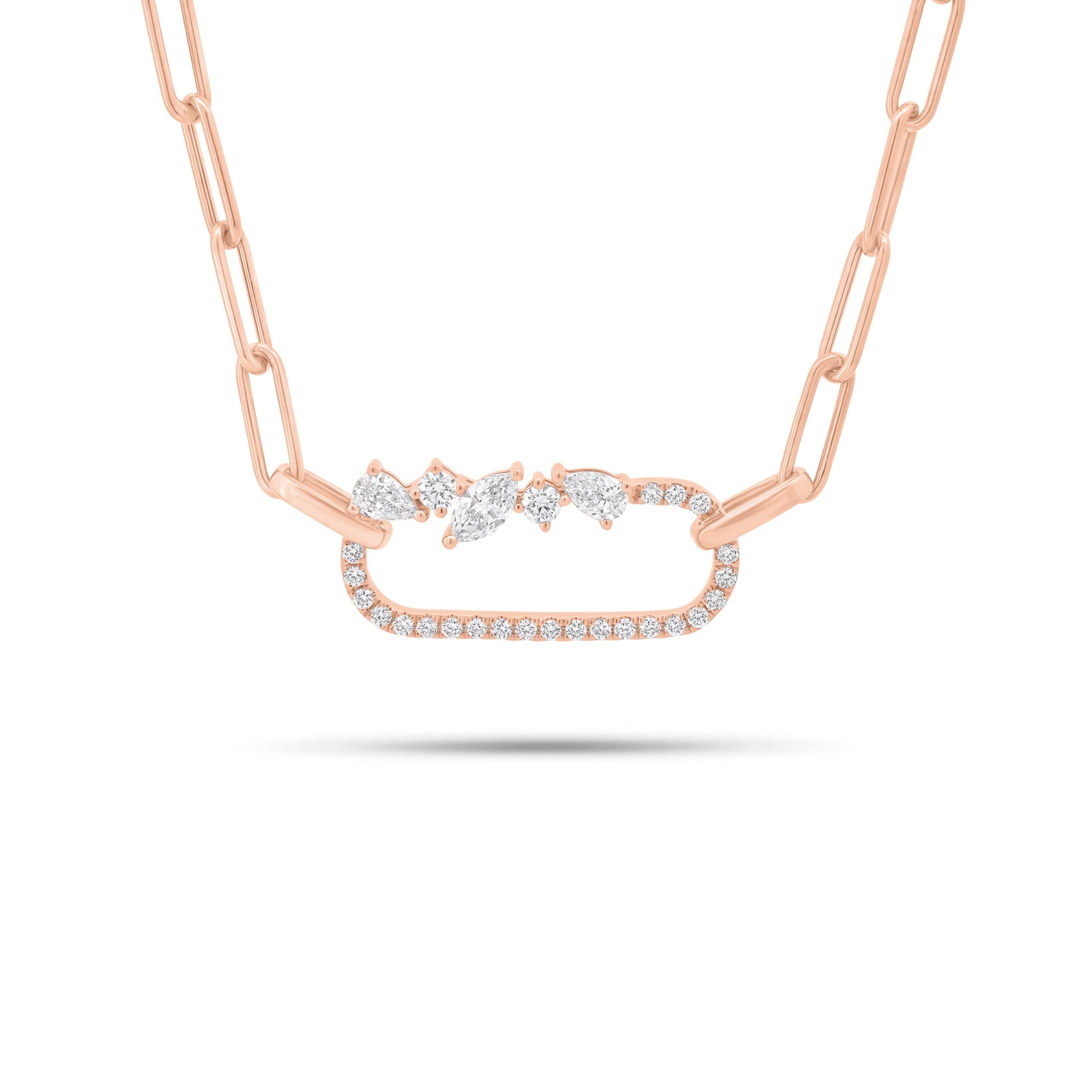 Diamond Elaborate Paperclip Chain Necklace - 14K gold weighing 4.92 grams
- 25 round diamonds weighing 0.27 carats - 0.16 ct marquise-shaped diamond - 2 pear-shaped diamonds weighing 0.20 carats