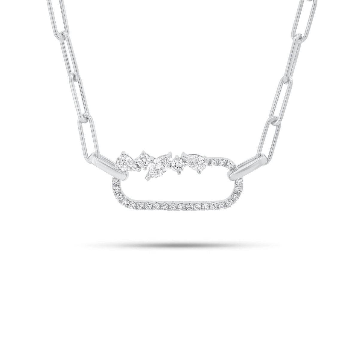 Diamond Elaborate Paperclip Chain Necklace - 14K gold weighing 4.92 grams
- 25 round diamonds weighing 0.27 carats - 0.16 ct marquise-shaped diamond - 2 pear-shaped diamonds weighing 0.20 carats