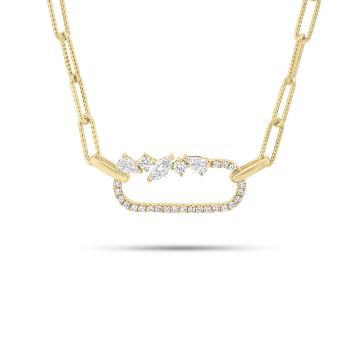 Diamond Elaborate Paperclip Chain Necklace - 14K gold weighing 4.92 grams
- 25 round diamonds weighing 0.27 carats - 0.16 ct marquise-shaped diamond - 2 pear-shaped diamonds weighing 0.20 carats