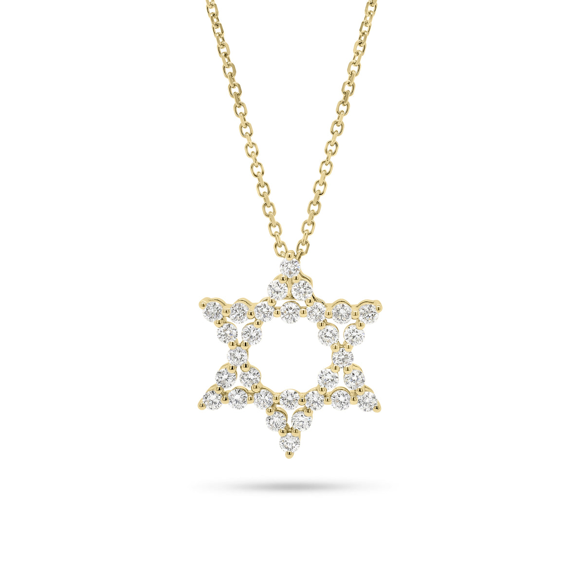 Round Diamond Star of David Pendant Necklace - 18K gold weighing 1.33 grams (pendant) - 14K gold weighing 1.60 grams (necklace) - 30 round diamonds weighing 0.62 carats