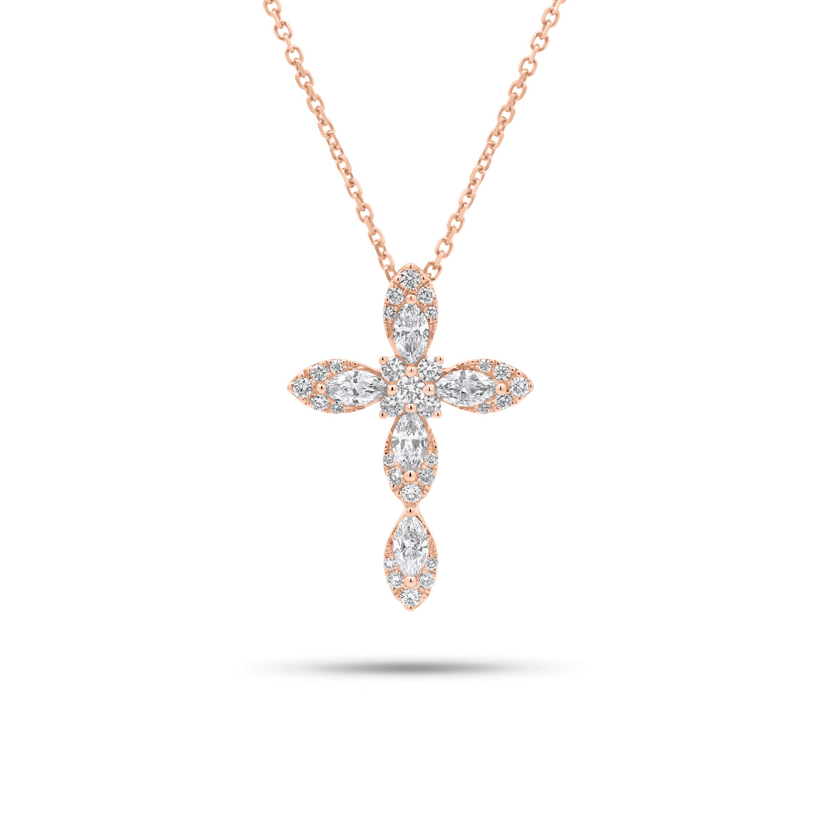 Marquise & Round Diamond Cross Pendant - 18K gold weighing 1.64 grams - 14K gold weighing 1.60 grams - 5 marquise-shaped diamonds weighing 0.44 carats - 30 round diamonds weighing 0.24 carats