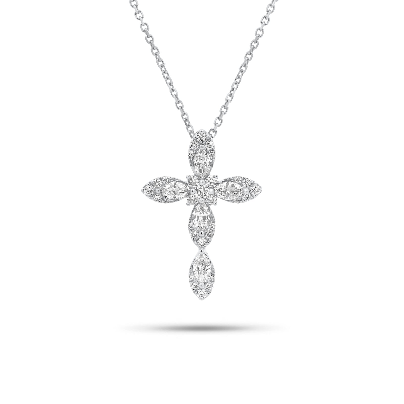 Marquise & Round Diamond Cross Pendant - 18K gold weighing 1.64 grams - 14K gold weighing 1.60 grams - 5 marquise-shaped diamonds weighing 0.44 carats - 30 round diamonds weighing 0.24 carats