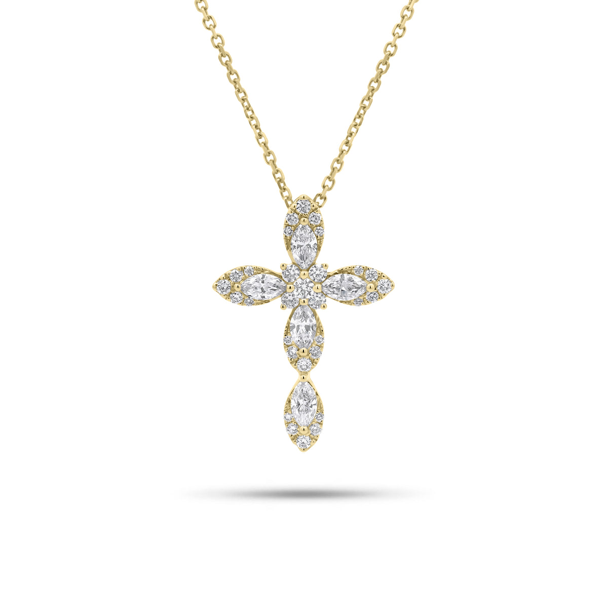 Marquise & Round Diamond Cross Pendant - 18K gold weighing 1.64 grams - 14K gold weighing 1.60 grams - 5 marquise-shaped diamonds weighing 0.44 carats - 30 round diamonds weighing 0.24 carats