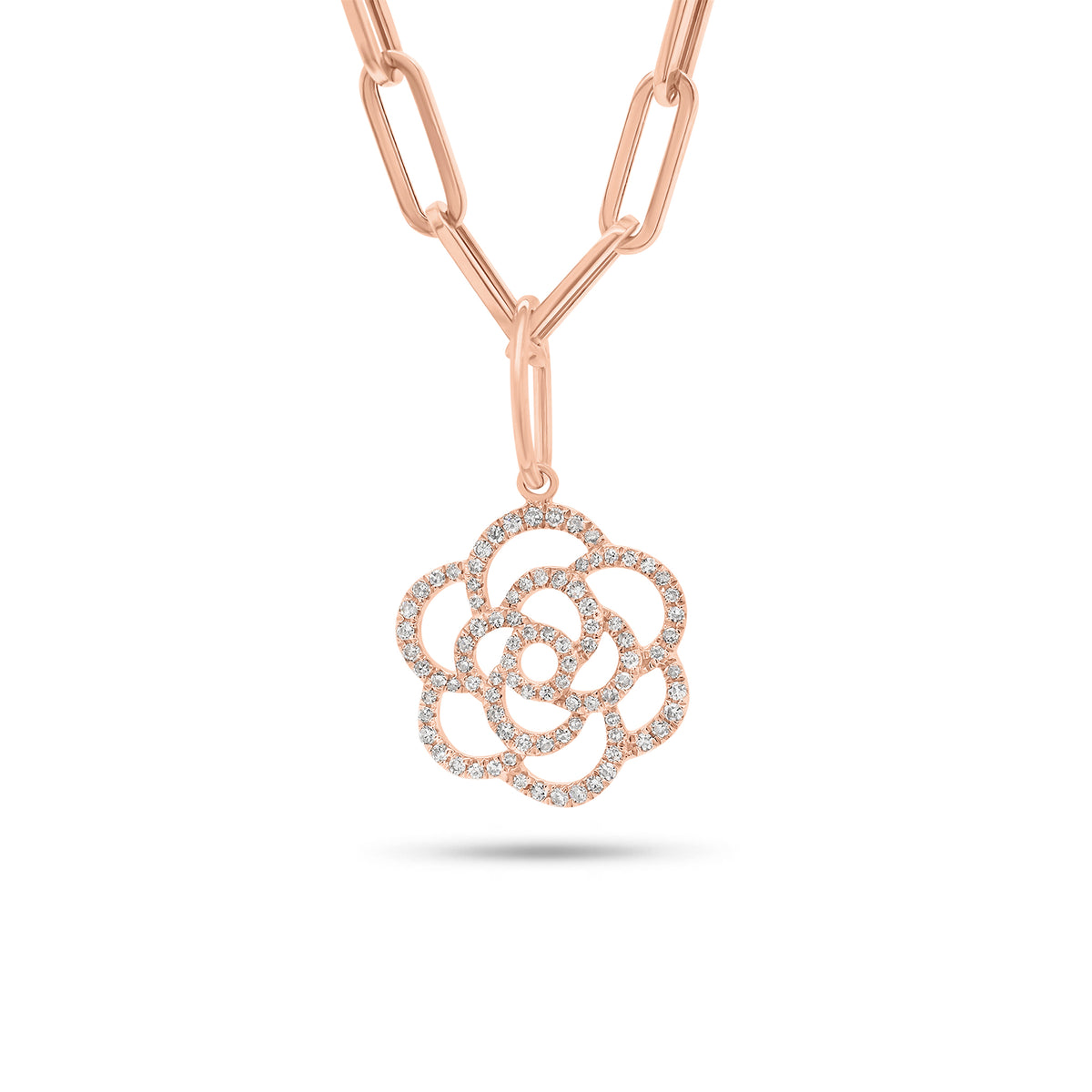 Diamond Rose Cutout Pendant - 14K gold weighing 1.54 grams - 90 round diamonds weighing 0.28 carats