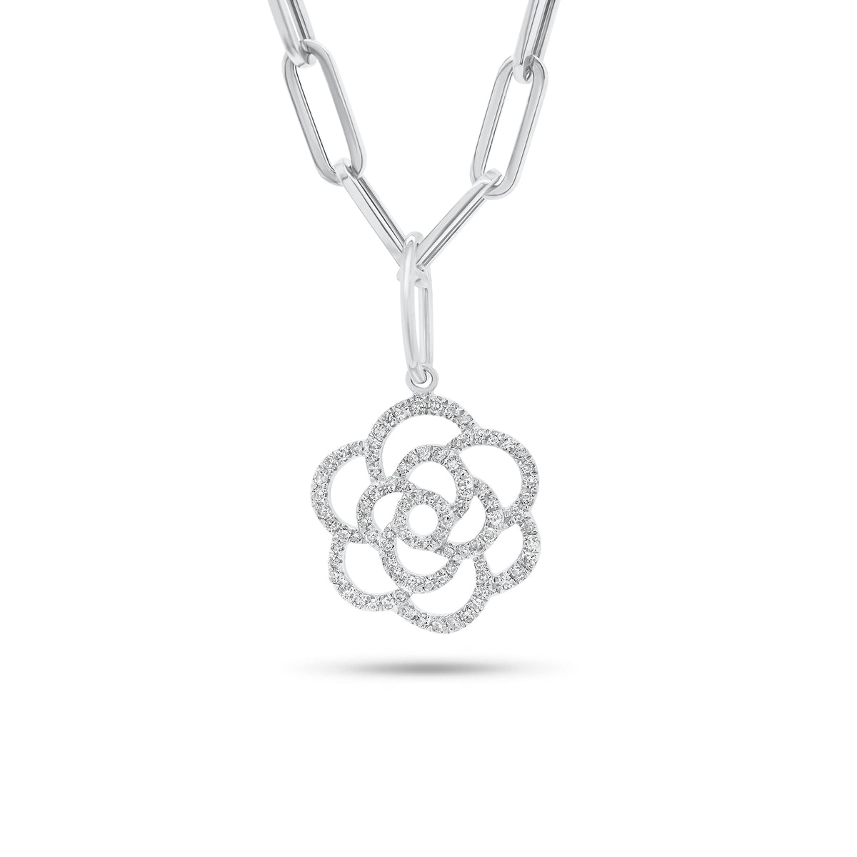 Diamond Rose Cutout Pendant - 14K gold weighing 1.54 grams - 90 round diamonds weighing 0.28 carats