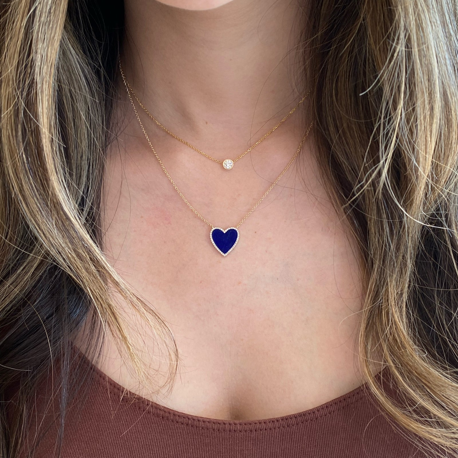Lapis & Diamond Heart Necklace  -14K gold weighing 2.45 grams  -46 round pave-set diamonds 0.13 carats  -1.83 carat lapis