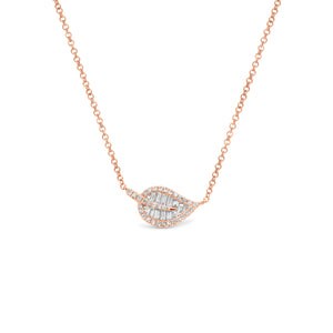Baguette Diamond Leaf Pendant Necklace - 14K gold weighing 2.39 grams - 32 round diamonds weighing 0.09 carats - 11 baguette diamonds weighing 0.14 carats