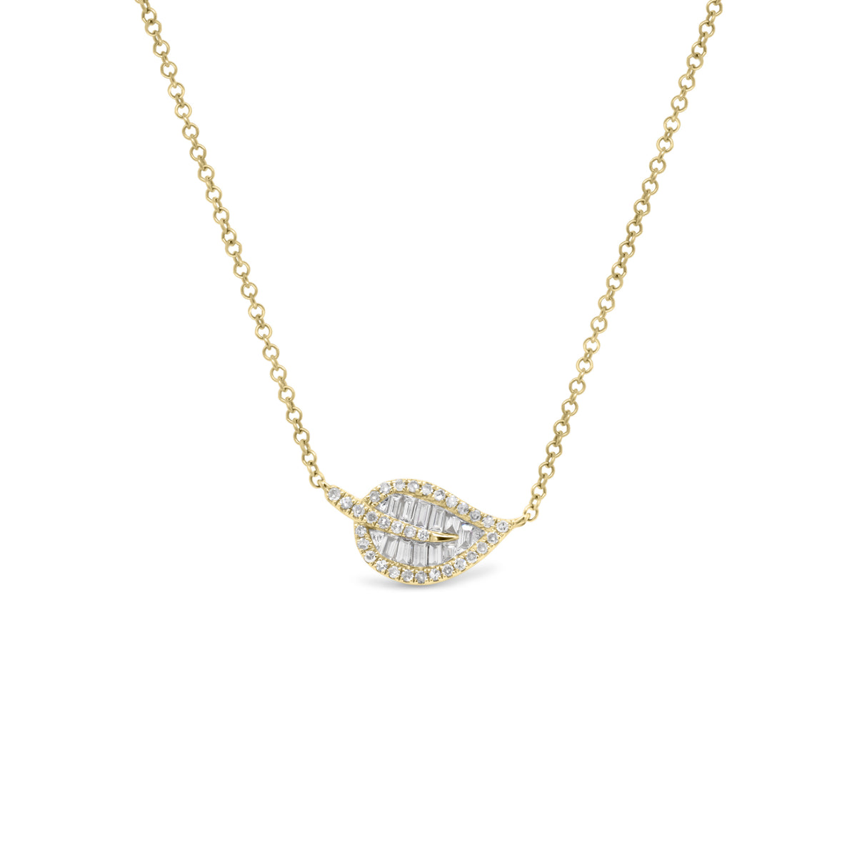 Baguette Diamond Leaf Pendant Necklace - 14K gold weighing 2.39 grams  - 32 round diamonds weighing 0.09 carats  - 11 baguette diamonds weighing 0.14 carats