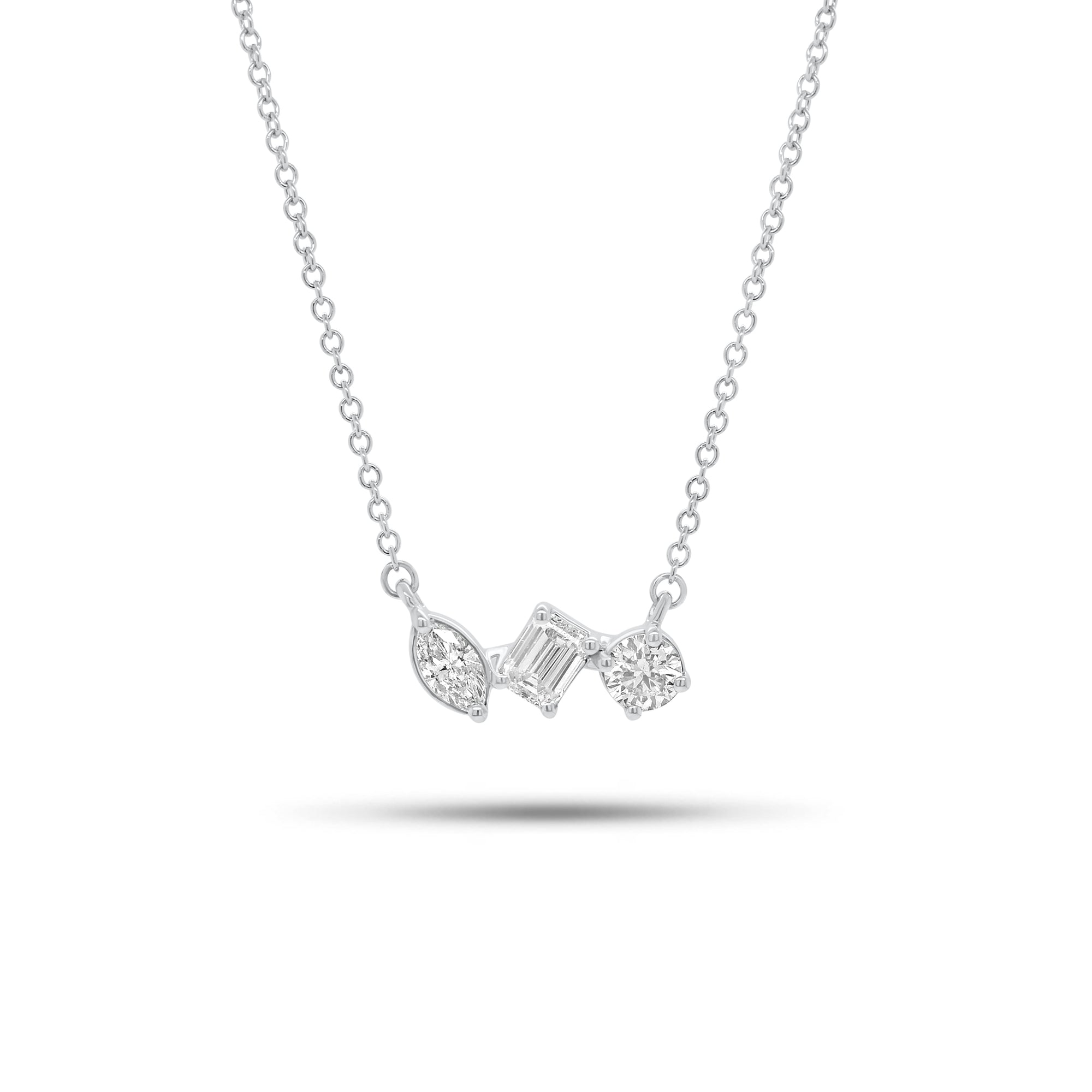 Mixed Shape Diamond Bar Pendant Necklace - 14K gold weighing 2.29 grams - 0.20 ct emerald-cut diamond - 0.15 ct marquise-shaped diamond - 0.20 ct round brilliant-cut diamond