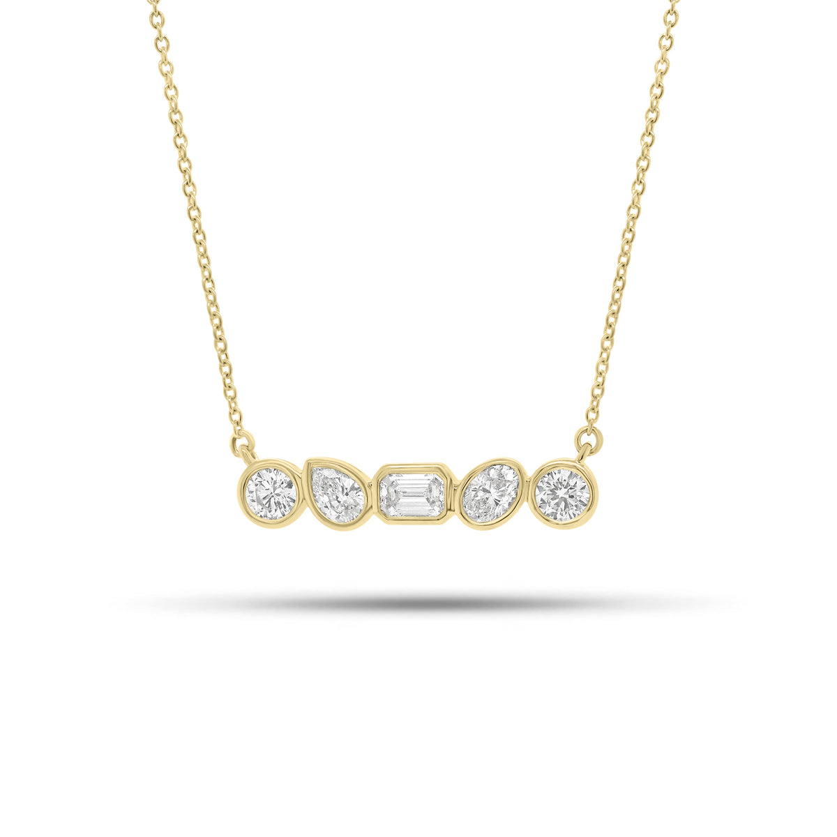 Bezel-Set Mixed Shape Diamond Bar Pendant Necklace - 14K gold weighing 2.48 grams - 2 round brilliant-cut diamonds weighing 0.29 carats - 0.16 ct oval-shaped diamond - 0.14 ct pear-shaped diamond - 0.20 ct emerald-cut diamond