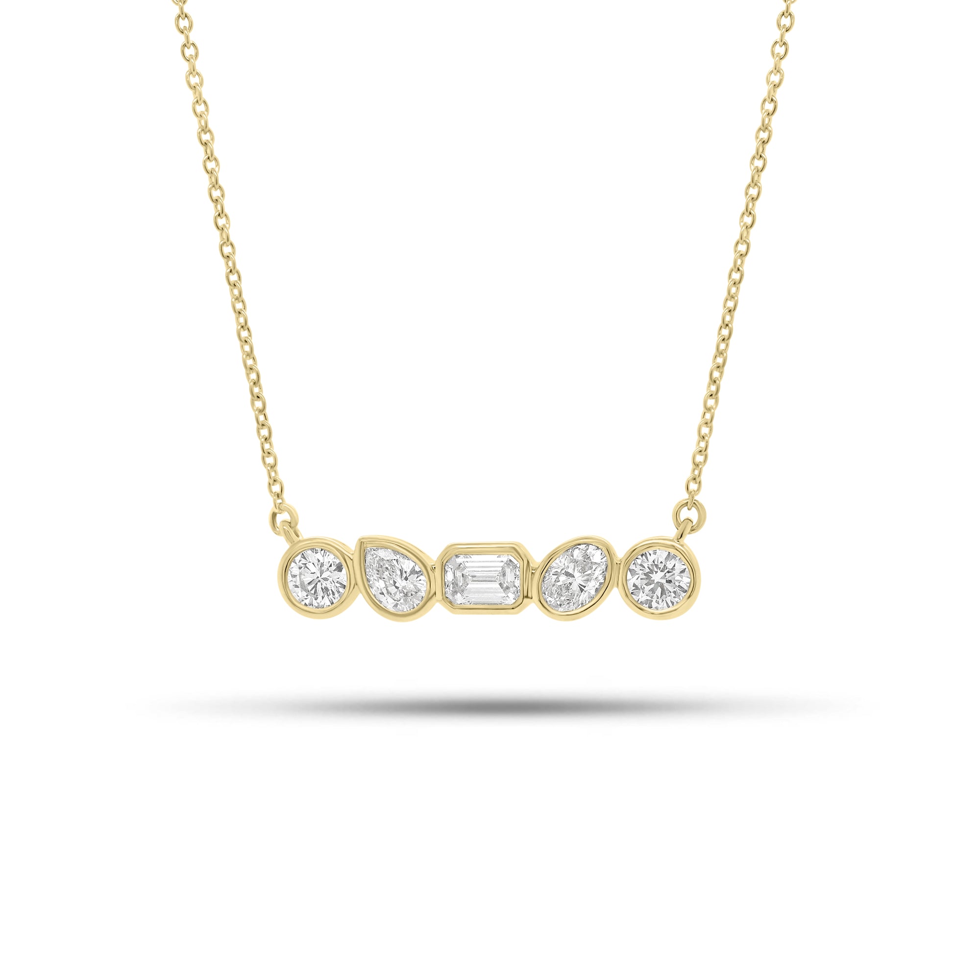 Bezel-Set Mixed Shape Diamond Bar Pendant Necklace - 14K gold weighing 2.48 grams - 2 round brilliant-cut diamonds weighing 0.29 carats - 0.16 ct oval-shaped diamond - 0.14 ct pear-shaped diamond - 0.20 ct emerald-cut diamond