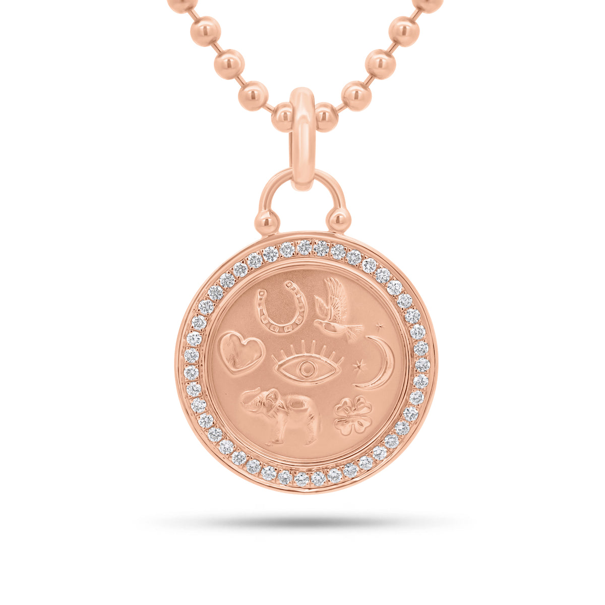 Diamond lucky symbols charm - 14K gold weighing 3.33 grams
- 43 round diamonds weighing 0.42 carats