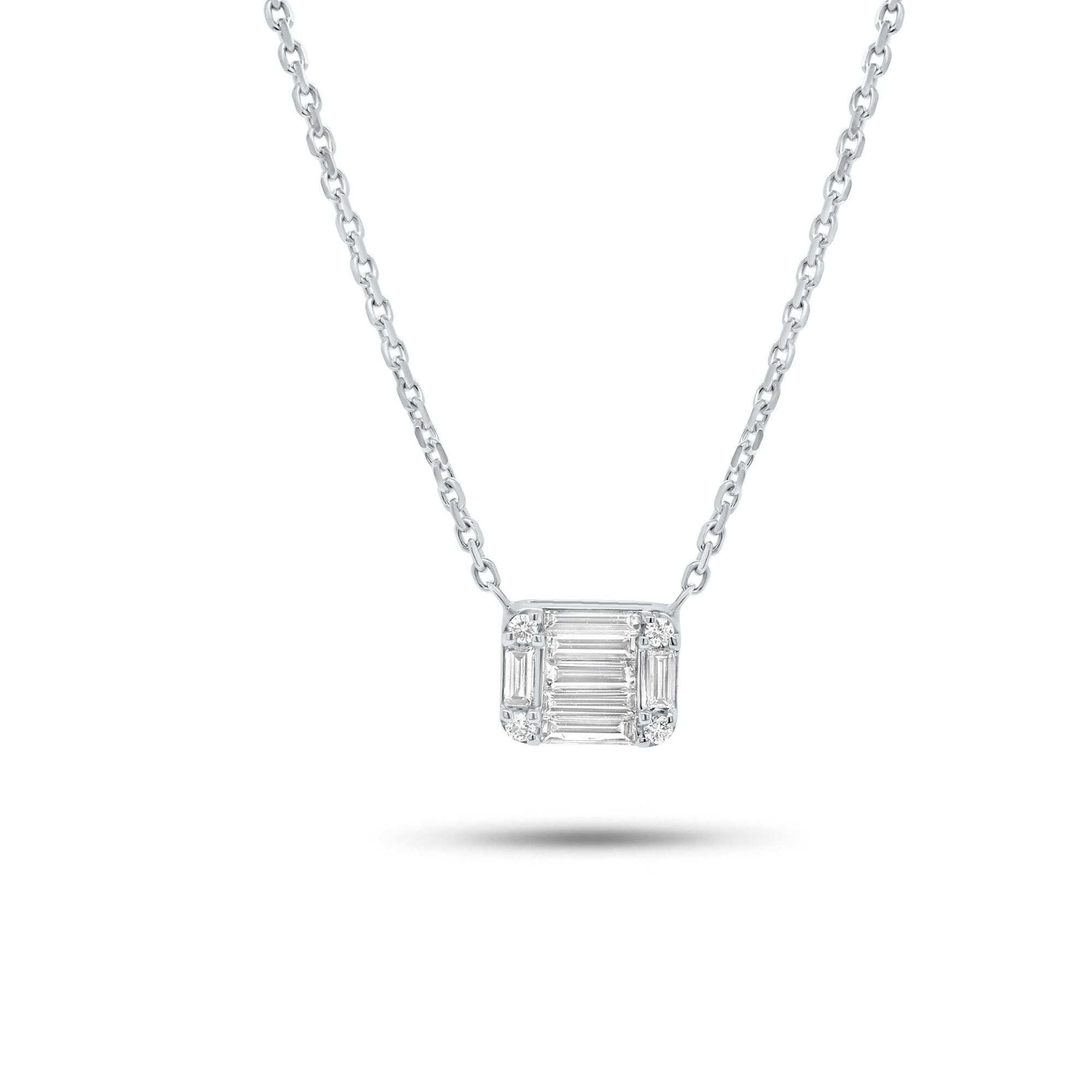 0.38 ct Emerald-Cut Diamond Illusion Pendant Necklace - 14K gold weighing 3.57 grams  - 6 baguette diamonds weighing 0.34 carats  - 4 round diamonds weighing 0.04  carats