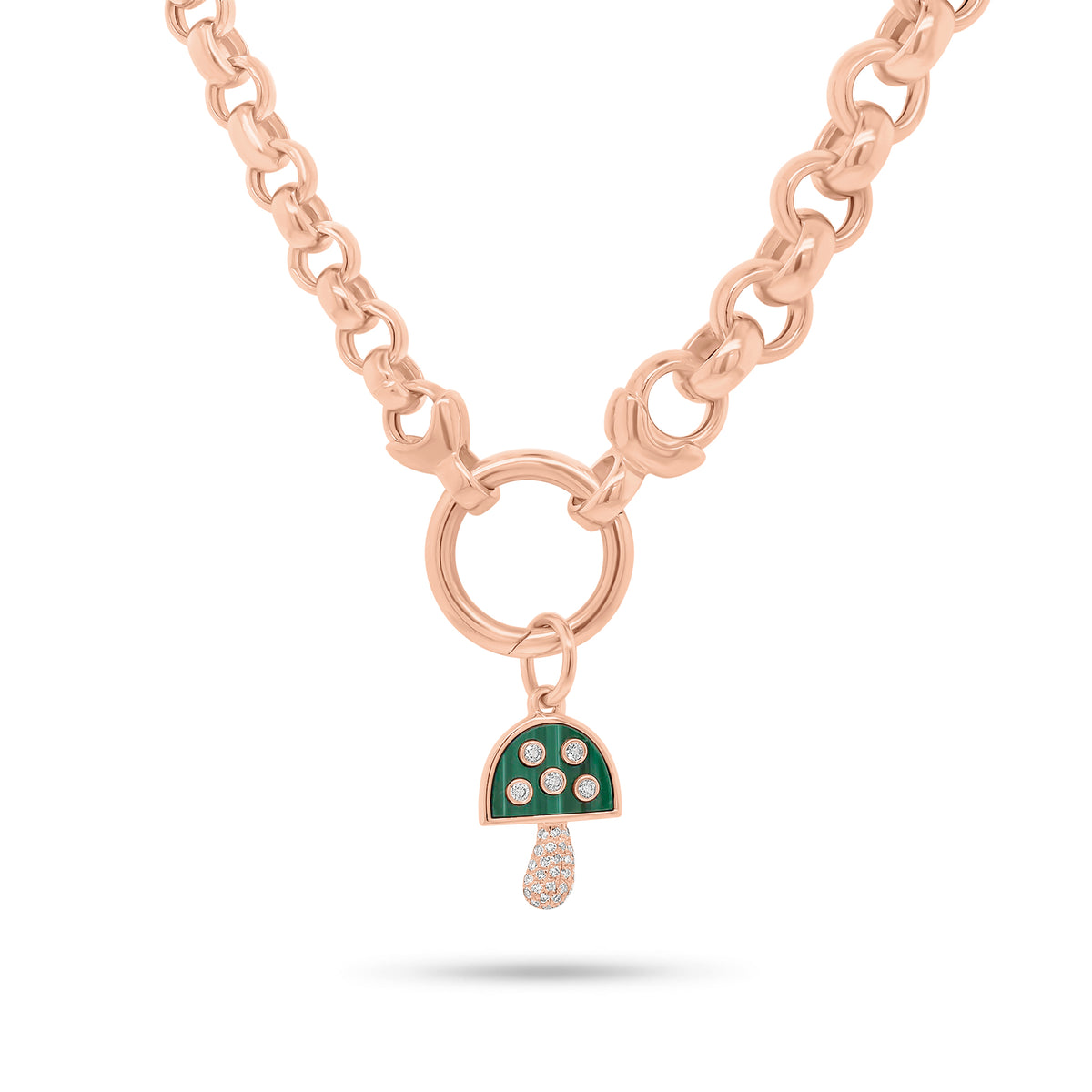 Small Diamond & Malachite Mushroom Pendant - 14K rose gold weighing 0.77 grams - 32 round diamonds weighing 0.08 carats - 0.41 ct malachite