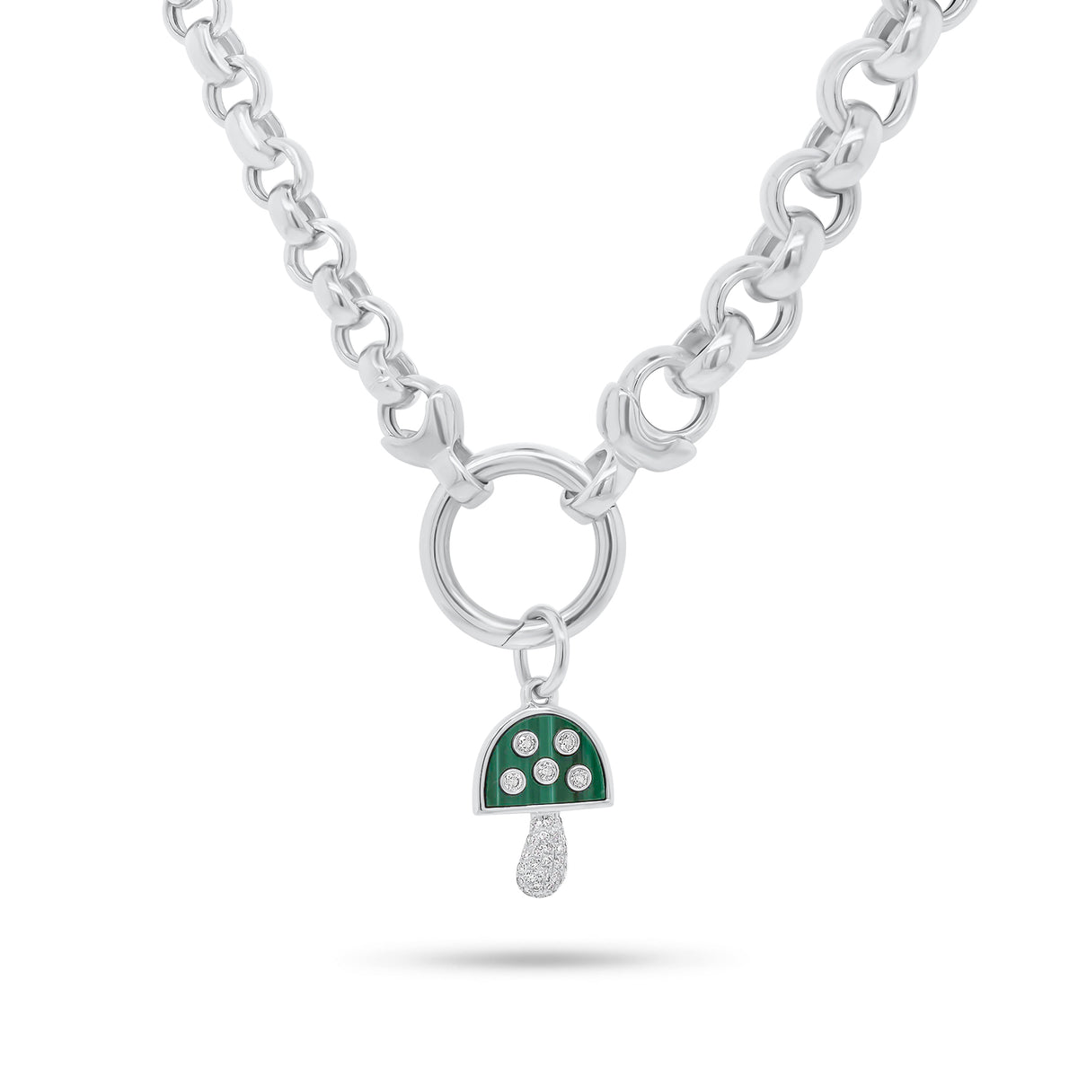 Small Diamond & Malachite Mushroom Pendant - 14K white gold weighing 0.77 grams - 32 round diamonds weighing 0.08 carats - 0.41 ct malachite