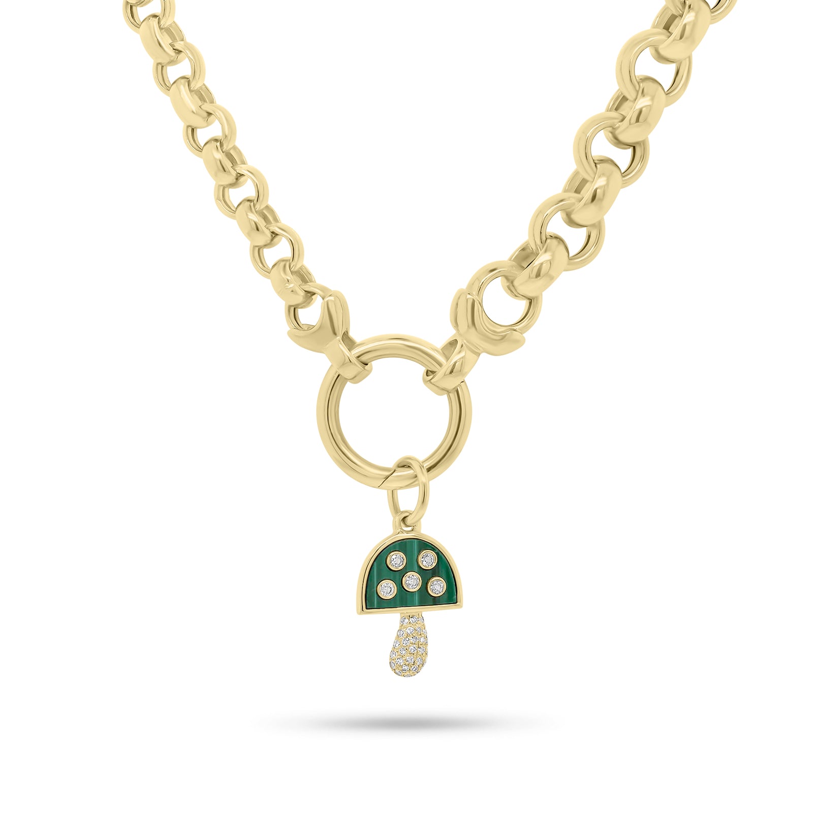Small Diamond & Malachite Mushroom Pendant - 14K yellow gold weighing 0.77 grams - 32 round diamonds weighing 0.08 carats - 0.41 ct malachite