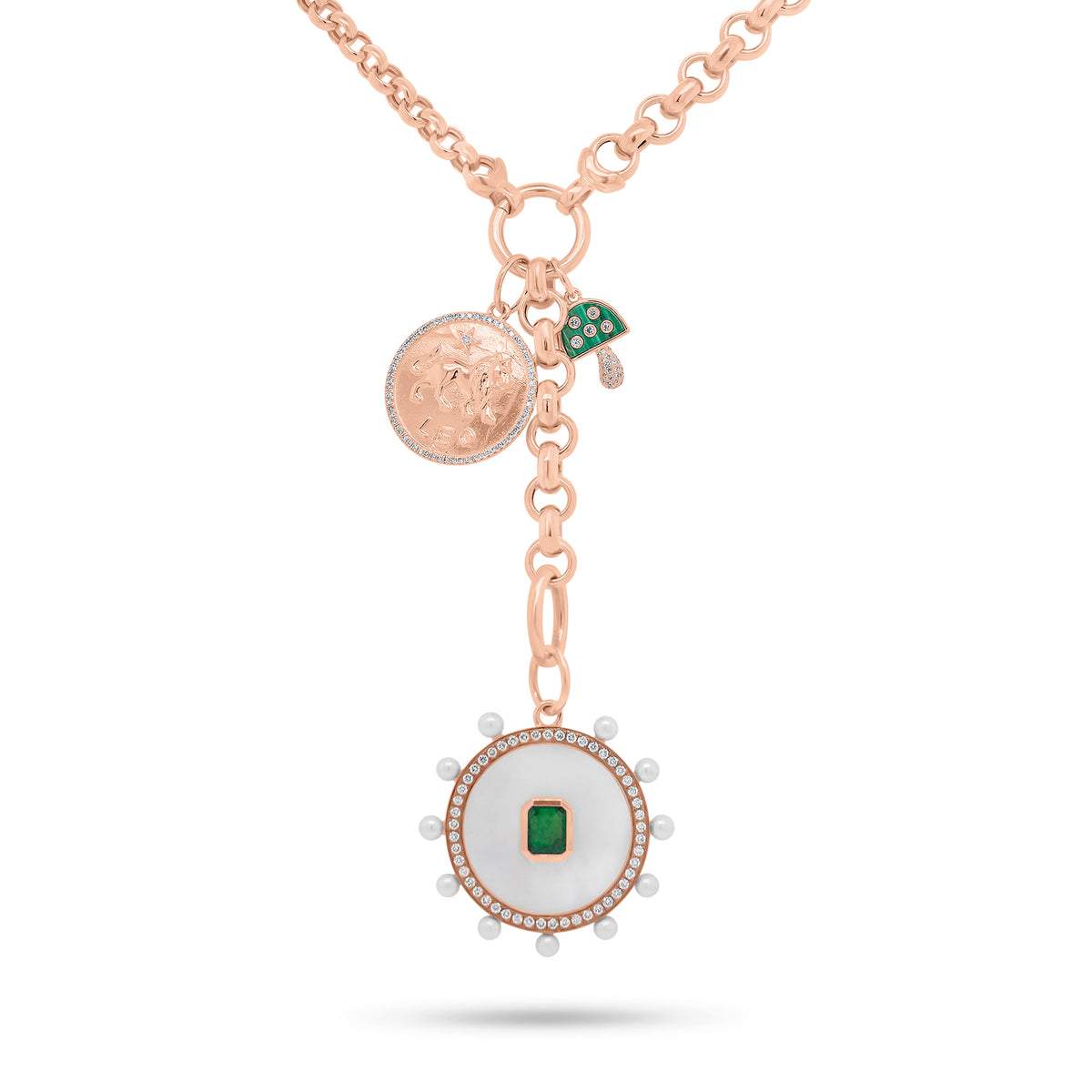 Small Diamond & Malachite Mushroom Pendant - 14K rose gold weighing 0.77 grams - 32 round diamonds weighing 0.08 carats - 0.41 ct malachite