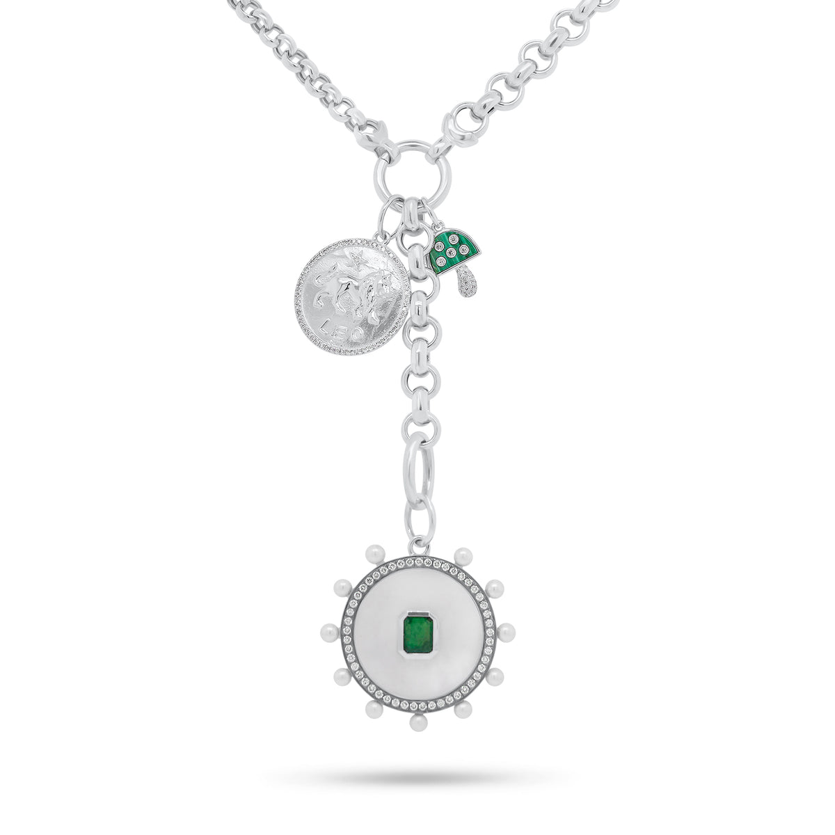 Small Diamond & Malachite Mushroom Pendant - 14K white gold weighing 0.77 grams - 32 round diamonds weighing 0.08 carats - 0.41 ct malachite