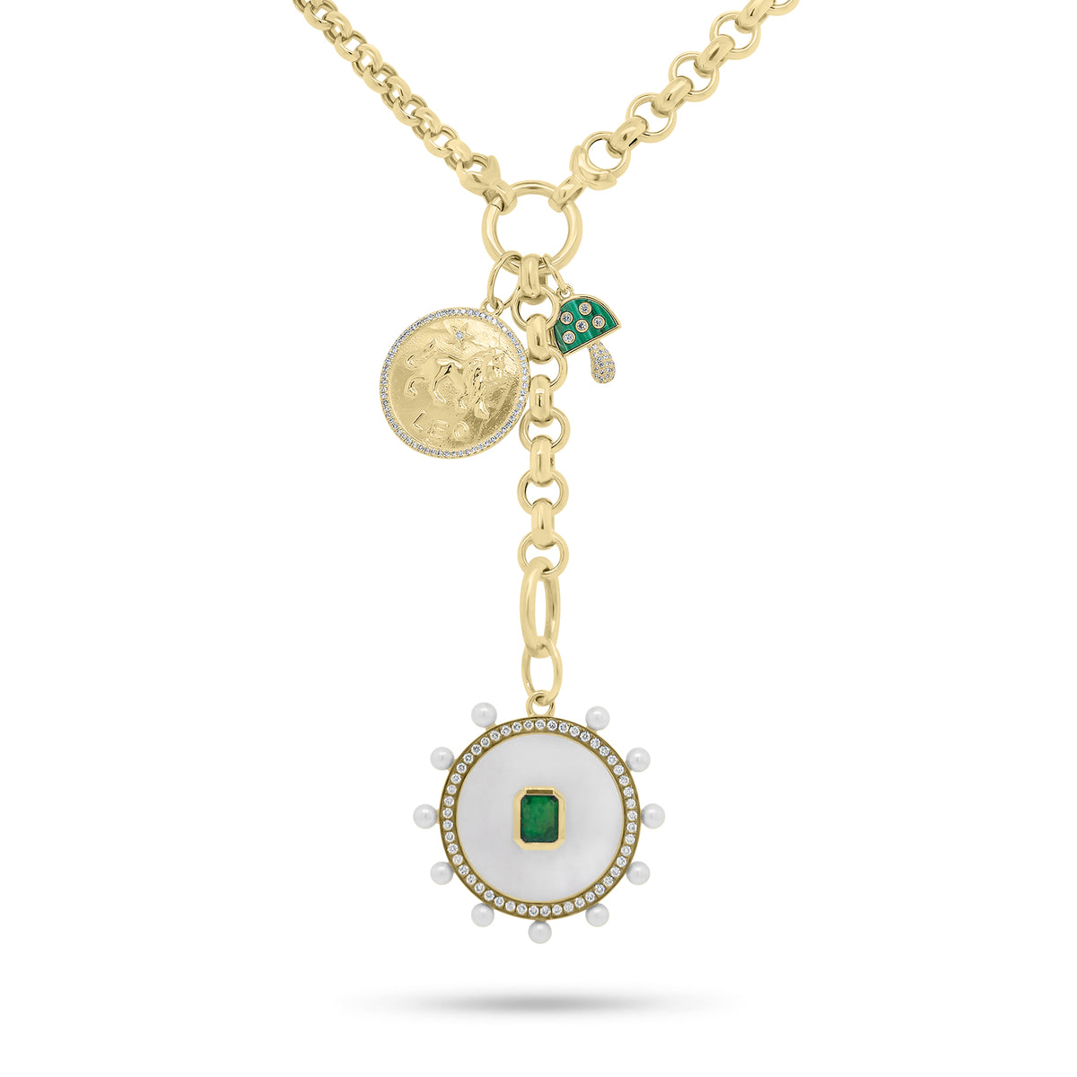 Small Diamond & Malachite Mushroom Pendant - 14K yellow gold weighing 0.77 grams - 32 round diamonds weighing 0.08 carats - 0.41 ct malachite