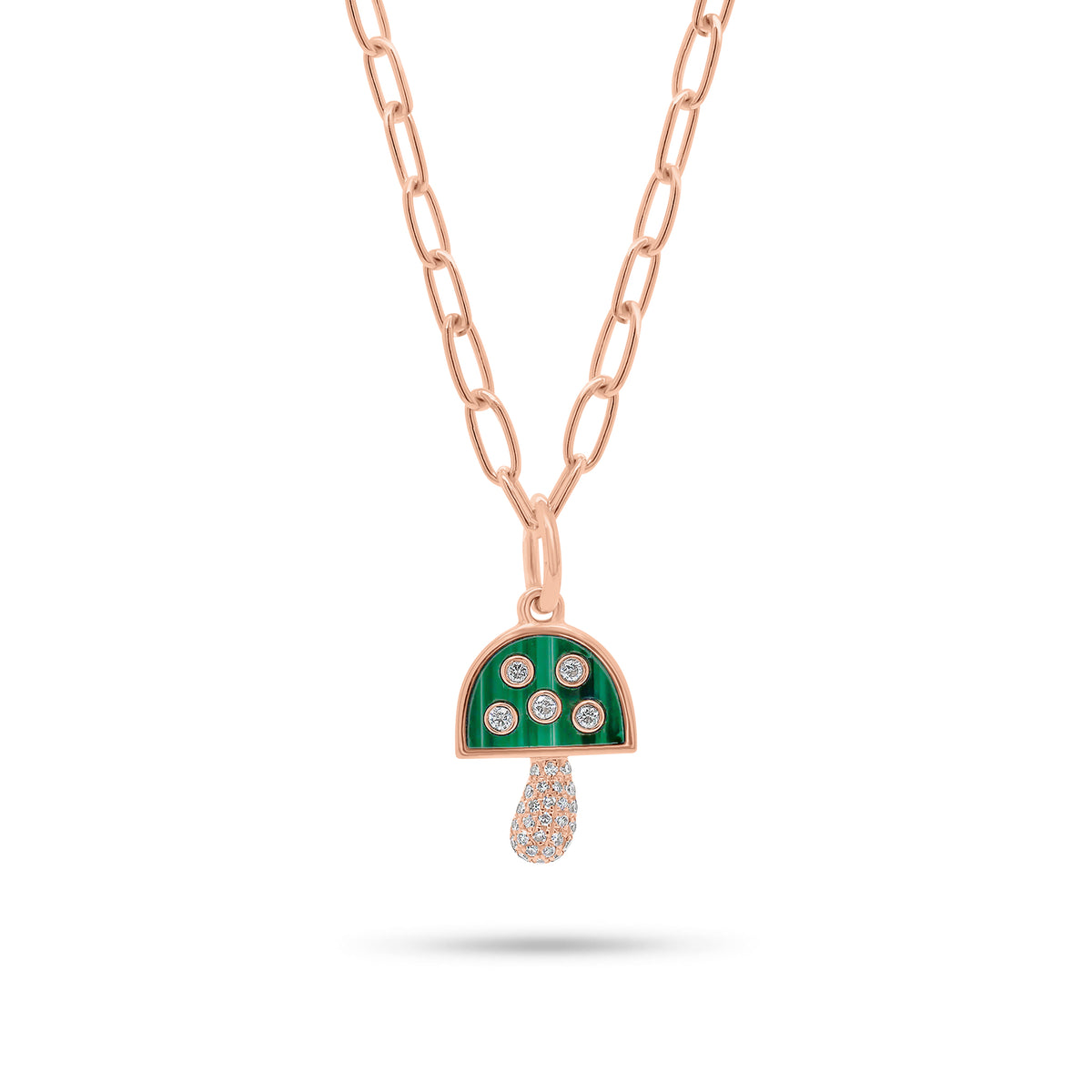 Small Diamond & Malachite Mushroom Pendant - 14K rose gold weighing 0.77 grams - 32 round diamonds weighing 0.08 carats - 0.41 ct malachite